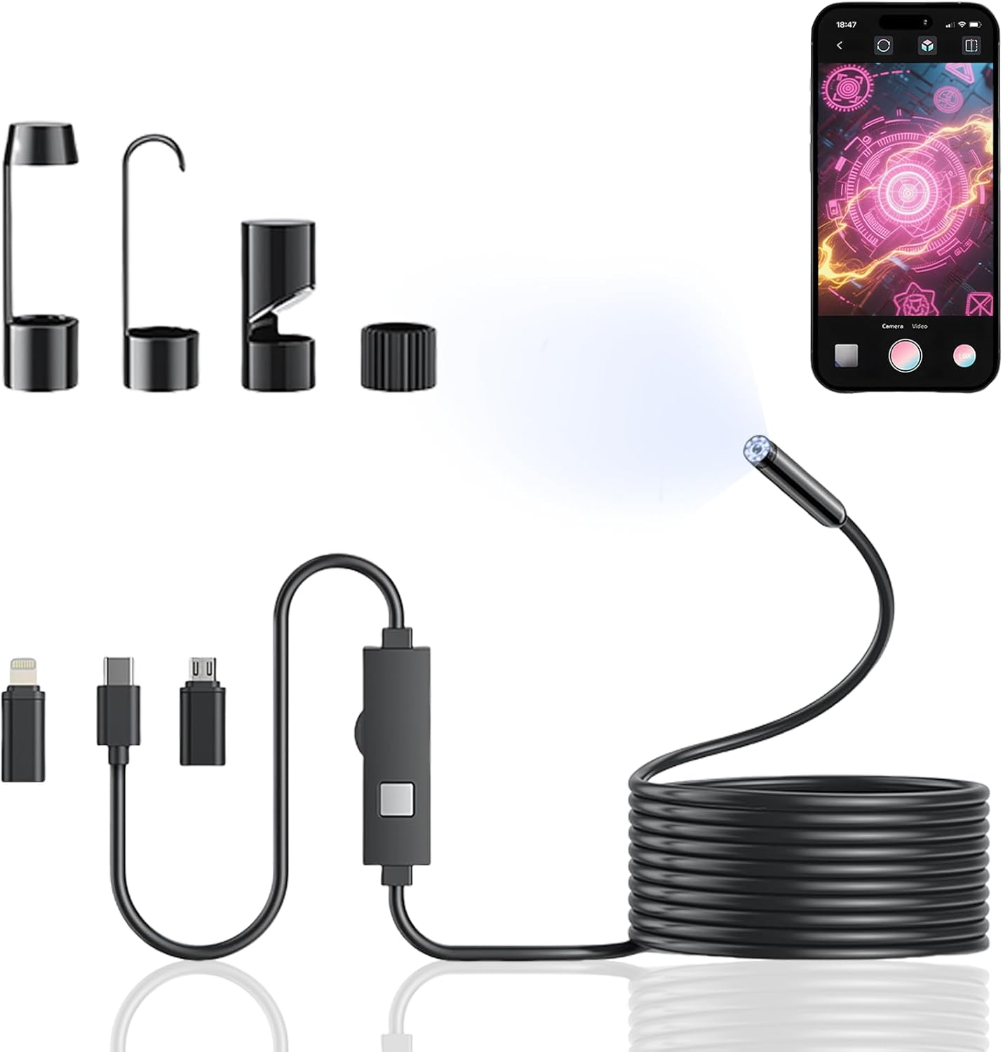 Jeyzuroa Endoscope Inspection Camera - 1080P HD Rigid Endoscope, IP68 Waterproof Endoscope Borescope with 8 LED Lights, Flexible Snake Camera for Iphone, Ipad and Android (5M)