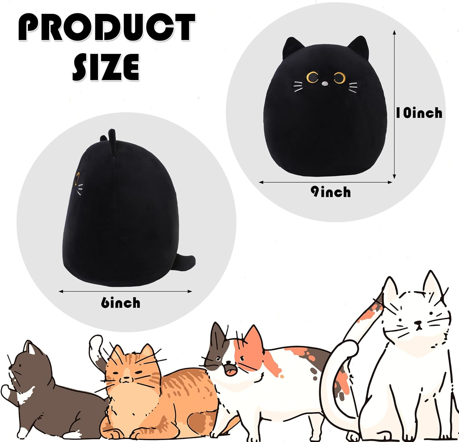 SQEQE Cat Plush Pillow Kawaii Stuffed Animal Fluffy Cartoon Cat Plushies Cat Plushie Doll Toys Soft Shape Design Stuffed Animals Gifts for Kids(Black, 10 Inch) image number 6