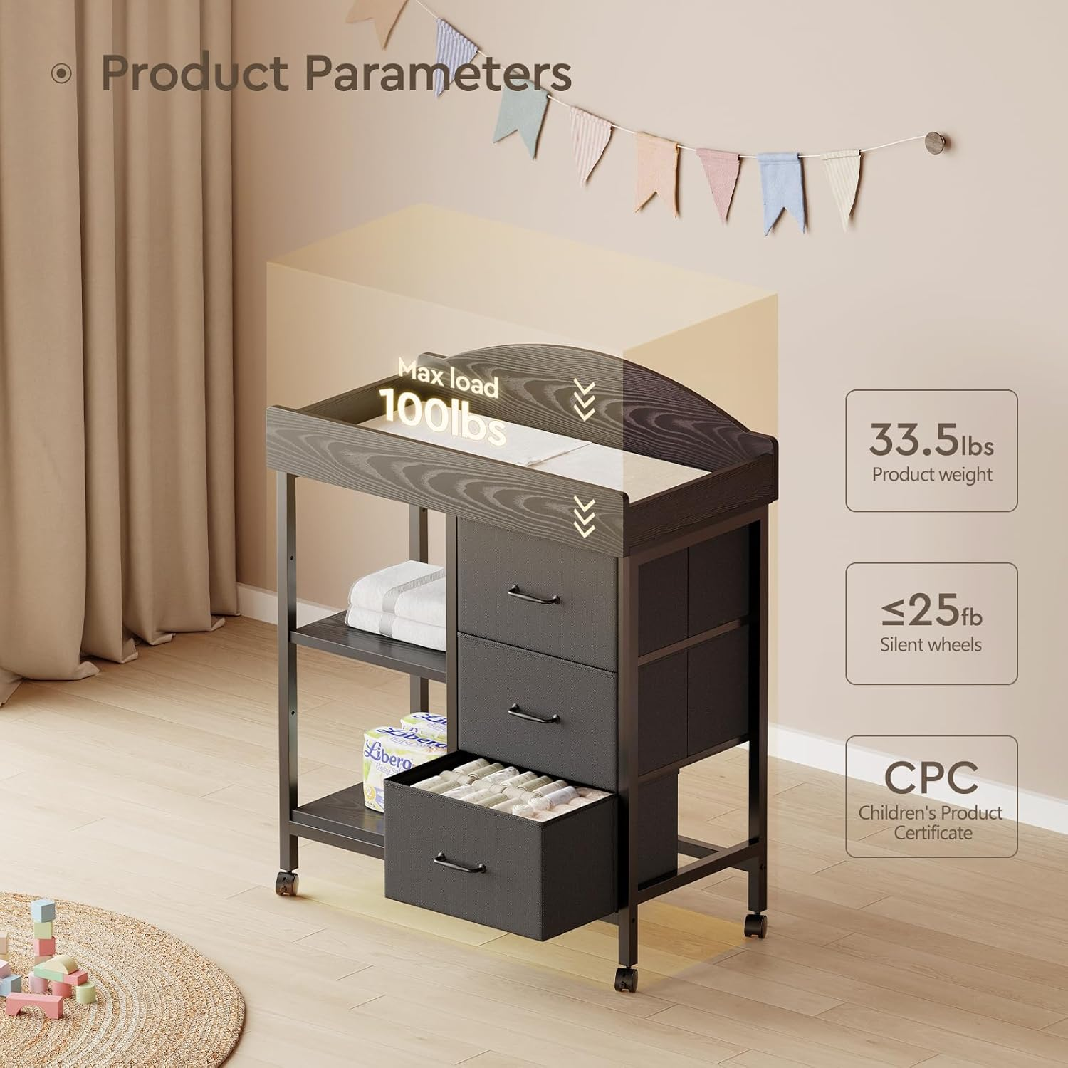 Changing Table Dresser, Baby Dresser with 3 Drawers and 2 Shelves, Multi-Functional Baby Changing Table with Pad, Classic Nursery Dresser, Diaper Changing Station for Children'S Room, Black - Lhm2 image number 4