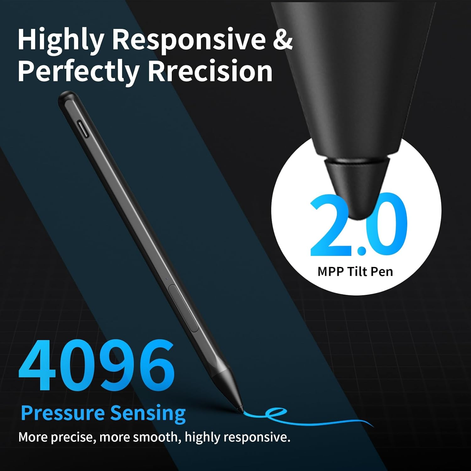 QUAGGY Stylus Pen for Microsoft Surface Pro 11/10/9/8/7/6/5/4/3/X Surface Laptop/Book/Surface Go3 Go2, 4096 Tilt Pressure, Magnetic Attachment, USB-C Fast Charging, Palm Rejection Function. (Black) - Blue image number 5