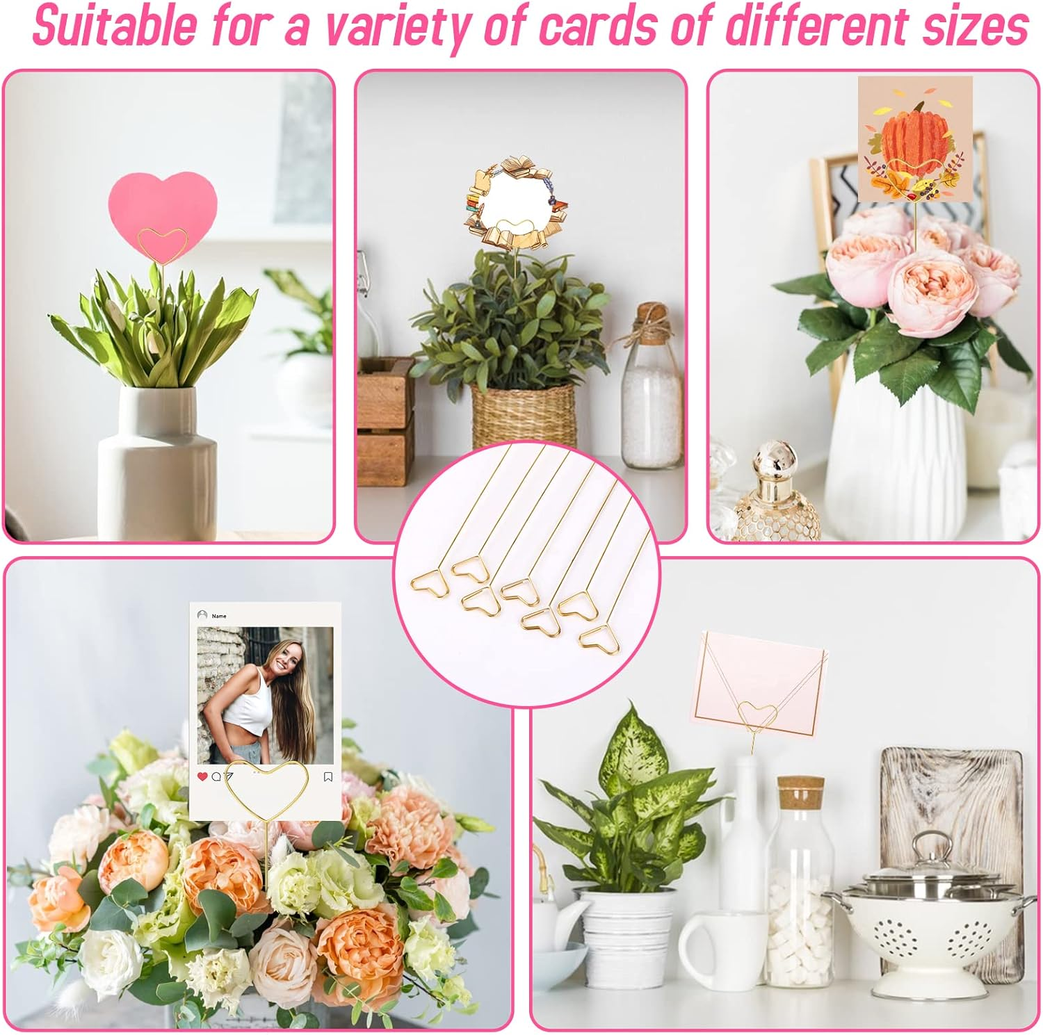 40Pcs Floral Card Holder Picks, Heart Loop, Picture Holders, Photo Clip Holder Flower Card Holder Stick, Gold Heart Floral Picks Stick Clip Floral Pick Card Holders, Photo Picture Holder for Wedding image number 4