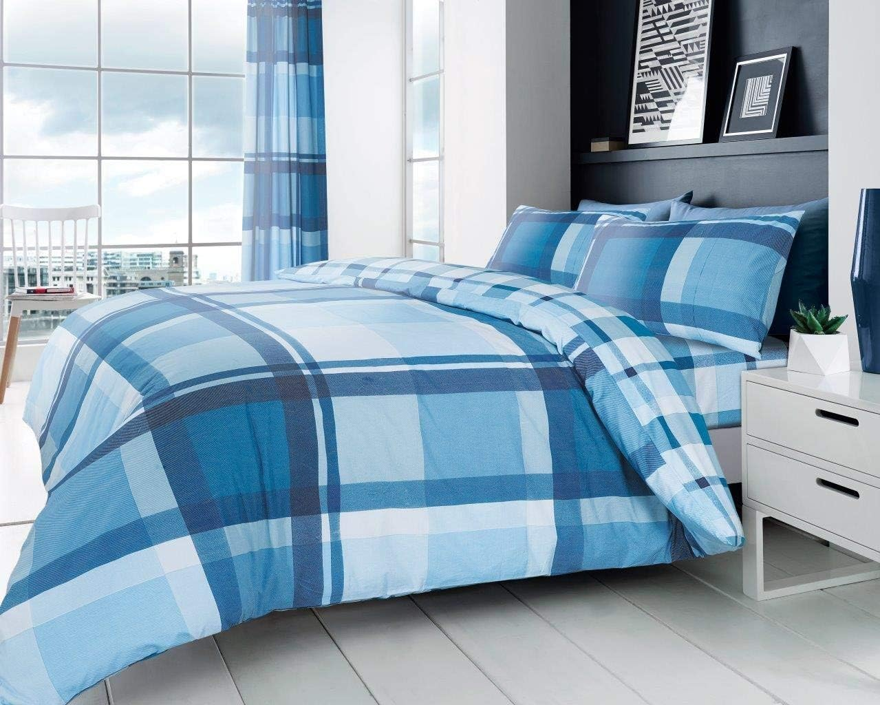 Gaveno Cavailia Premium Bedding Set and Pillowcases, Easycare Reversible Quilt Duvet Cover, Waverly Check Blue, Double Size, 50% Polyester & 50 Cotton