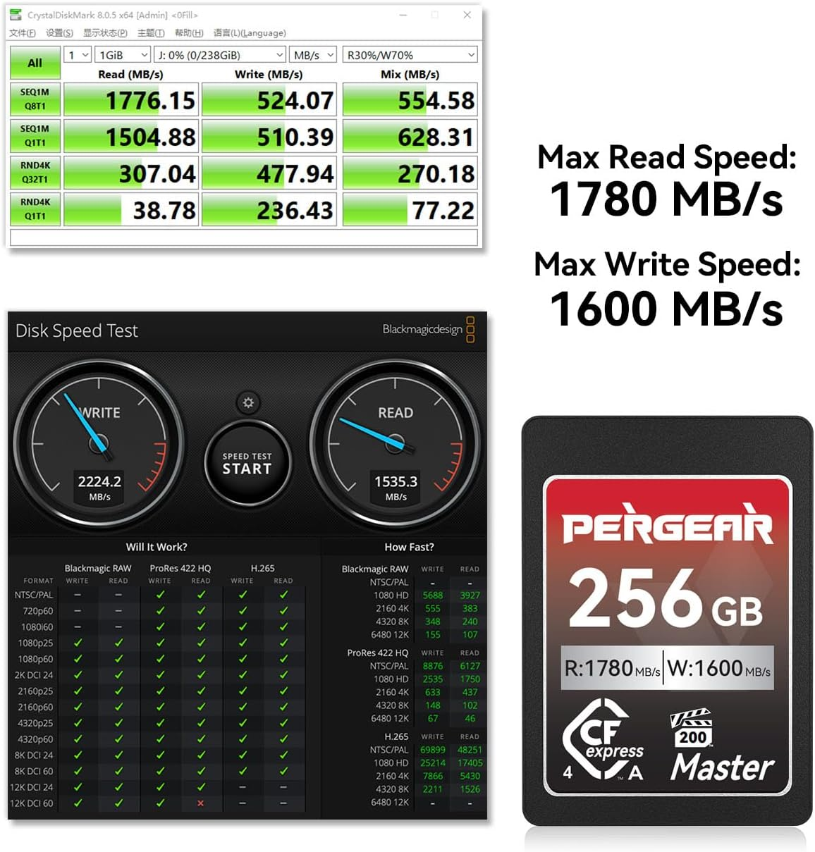 Pergear 256GB Cfexpress 4.0 Type a Memory Card, up To1780Mb/S Read Speed & 1600Mb/S Write Speed for 4K 120P,8K 30P for Sony Alpha Sony FX Cameras, 2 Pack image number 1