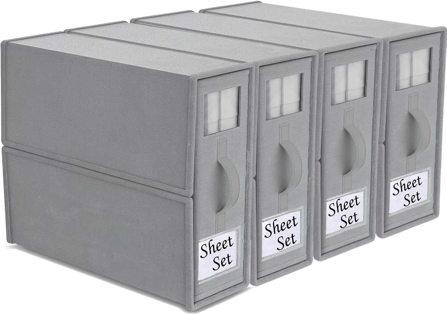 4 Pack Bed Sheet Organisers with Window - Foldable Bedding Linen Organiser for Sheets, Closets, Wardrobe, Home, Space-Saving Storage Solutions - Grey