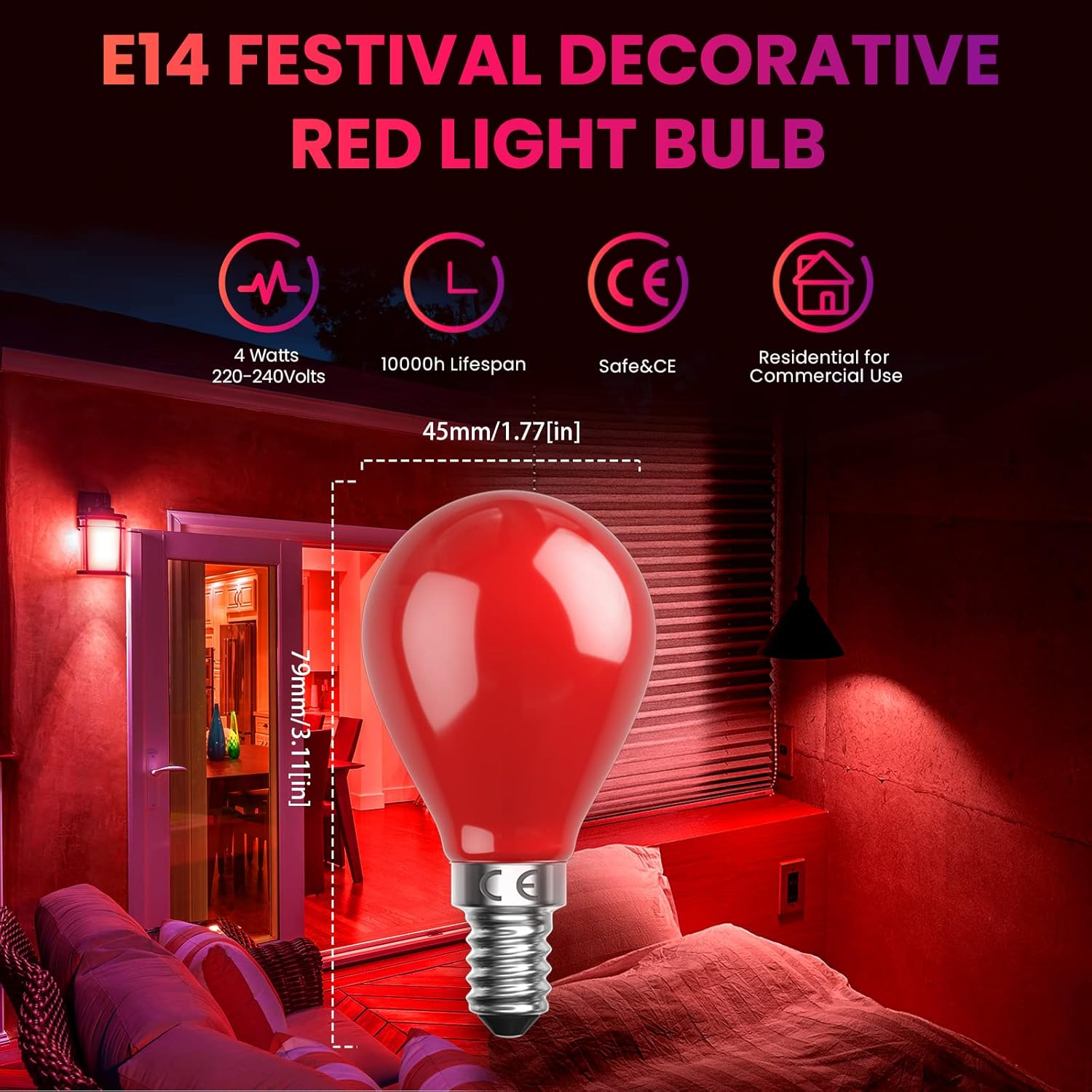 Bonlux E14 LED Light Bulb 4W Red Small Edison Screw Bulb, AC220-240V SES, 40W Incandescent Equivalent, P45 Golf Red Ball Bulb for Night Lights, Festivals, Parties, Pack of 4 image number 6