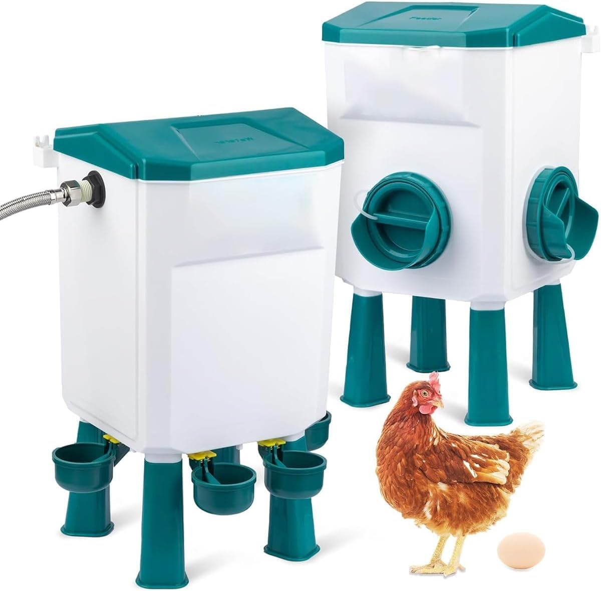 CLOUDSEASON Auto Chicken Feeder & Poultry Waterer with 145Cm Water Hose 8KG Feeder + 7L Waterer with Float Controlled No-Mess Design Portable for Chicken Coop (Green) image number 1