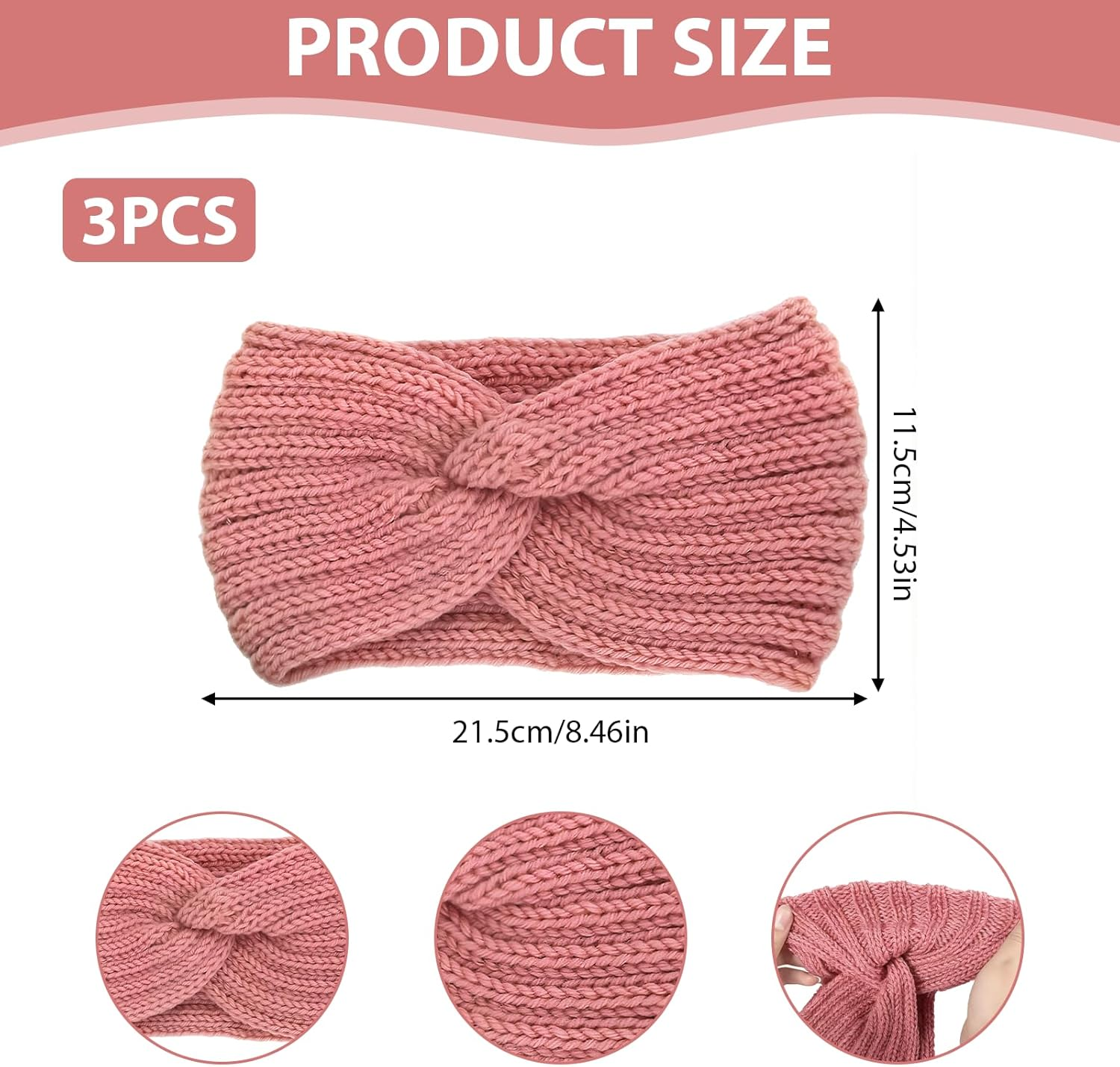 Pack of 3 Women'S Winter Knitted Headband Children Girls Autumn and Winter Simple Versatile Headbands Knitted Hair Band Ear Warmer Elastic Beige + Grey + Pink