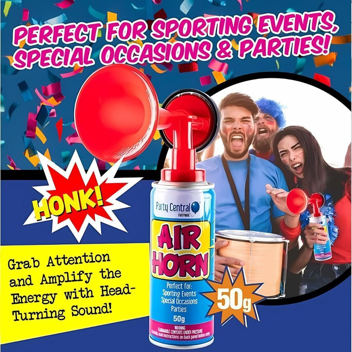 [6PCE] Party Central Power Air Horn Set - Powerful and Safe Handheld Airhorn for Boat Fog Warnings - 50G/250Ml image number 1