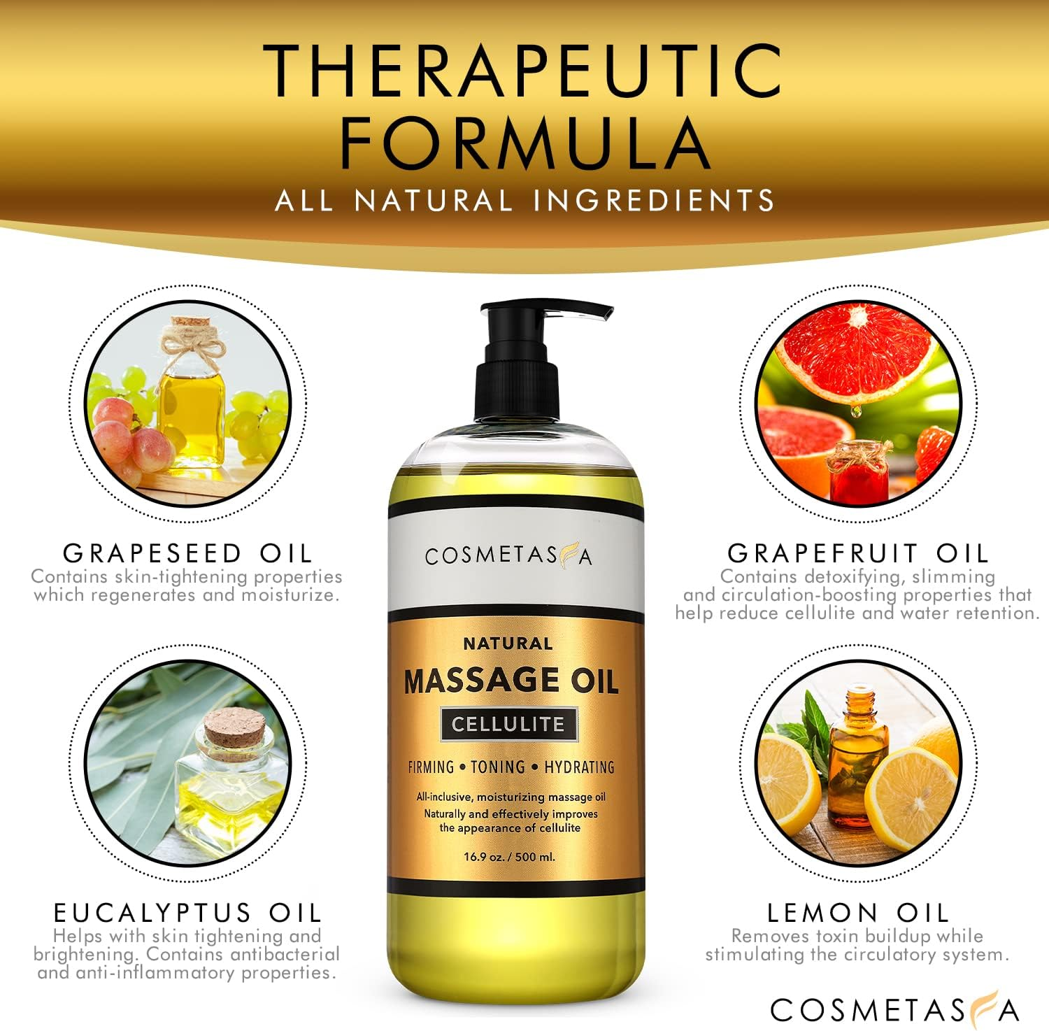 Cosmetasa anti Cellulite Massage Oil - 100% Natural Cellulite Treatment, Deeply Penetrates Skin to Break down Fat Tissue- Firms, Tones, Tightens & Moisturizes Skin 8.8 by (16.9 Oz, Set) image number 1