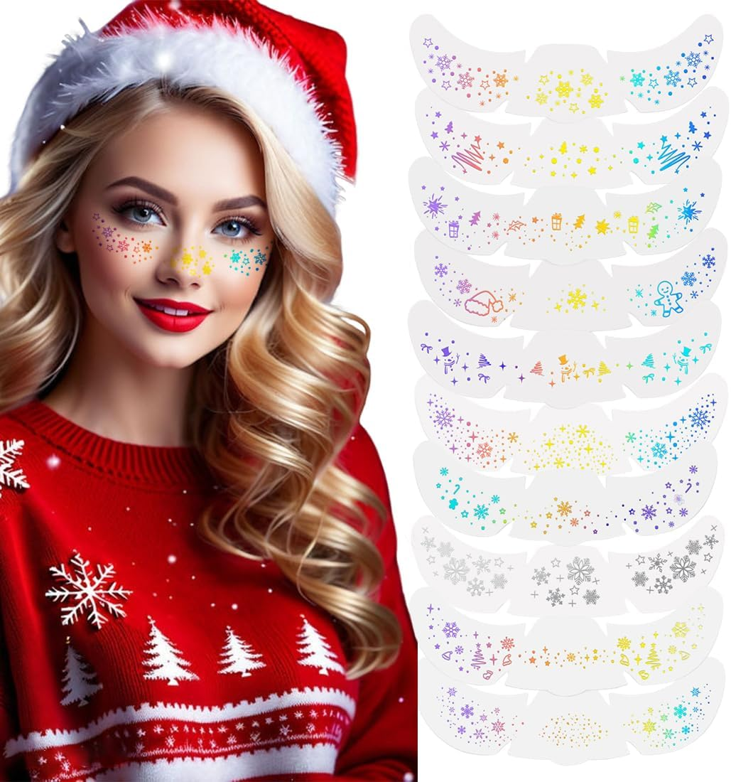 VYIBPDY Pack of 10 Holographic Multichrome Glitter Freckles Face Tattoos, Glitter Temporary Tattoo Set, Waterproof, Christmas Festival Glitter Face Patches, for Adults and Children image number 3