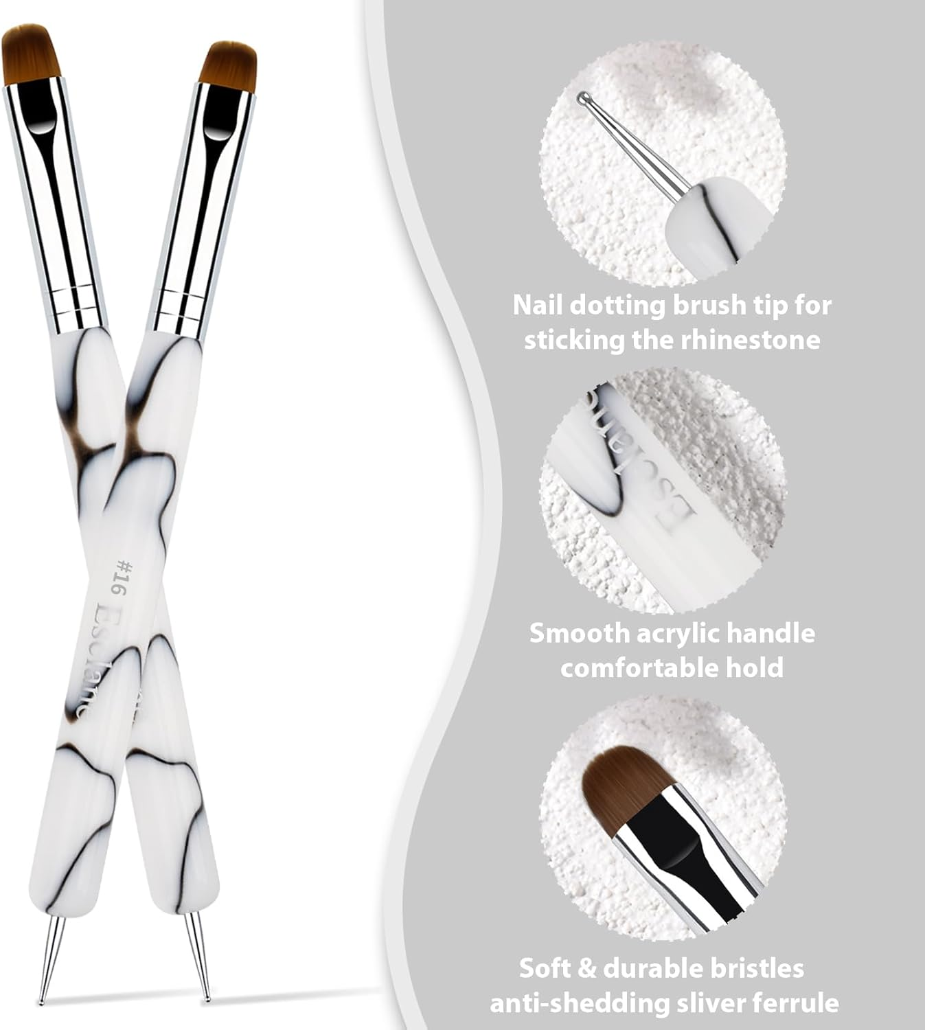 Esclane 2 Way French Nail Brush with Dotting Tool, White Marble Acrylic Handle, Nylon Head, Flat Tongue, French Tip Brush (#12) image number 1