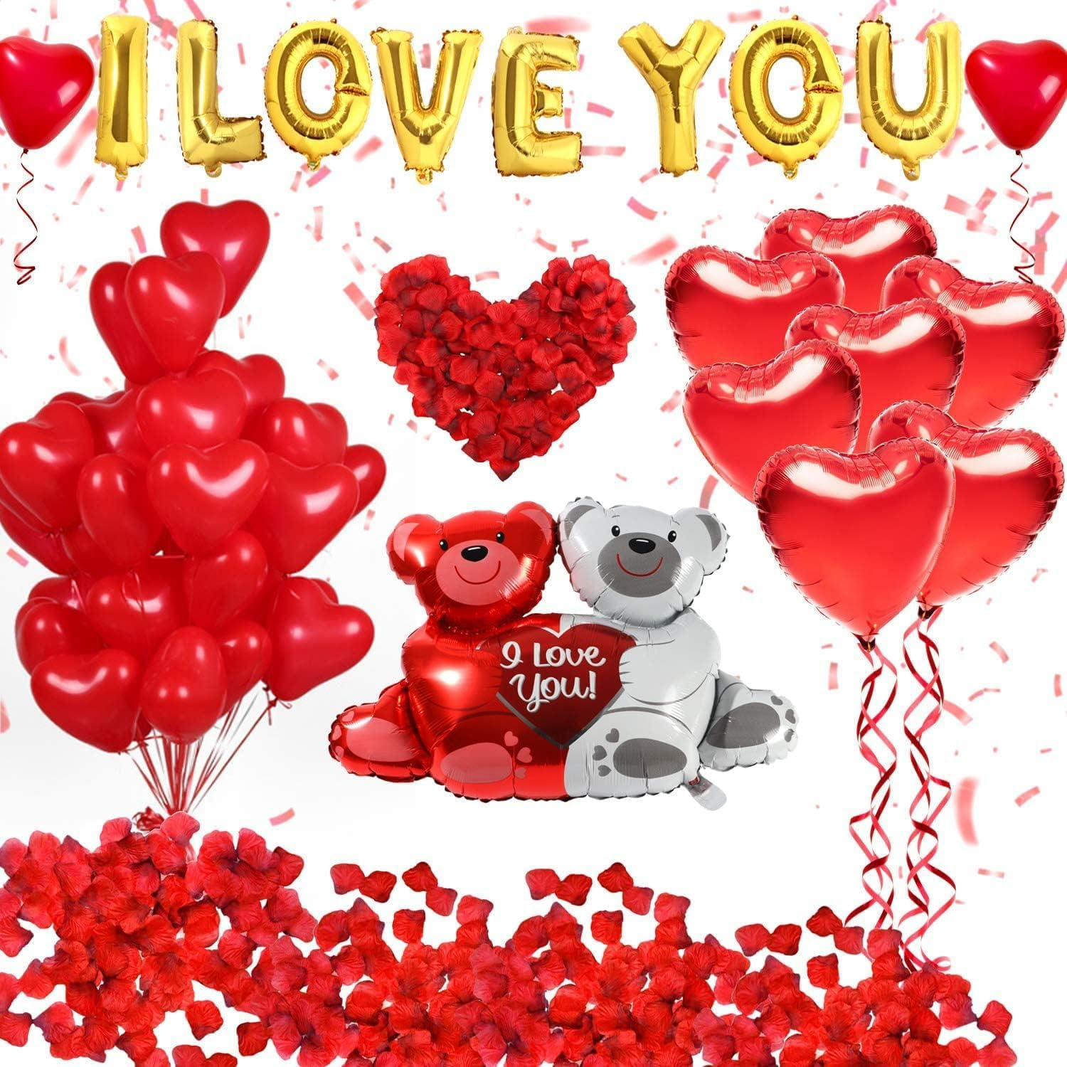 PEKGLOW Valentines Day Balloons Valentines Day Party Decorations Heart Balloons I Love You Balloons Red Petals Teddy Bear Balloon Red Rose Petal Red Heart Balloons Valentines Day Decorations Wedding image number 3