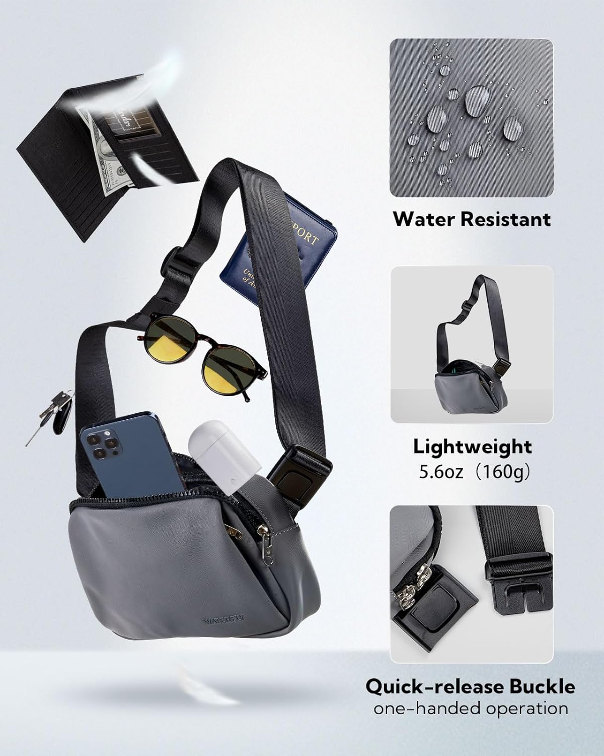 WATERFLY Bum Bag Belt Bag Men Women: Stylish Waist Bag Sport Fashion Crossbody Chest Bag Water-Repellent Small Hip Bag for Outdoor Travel Hiking Festival