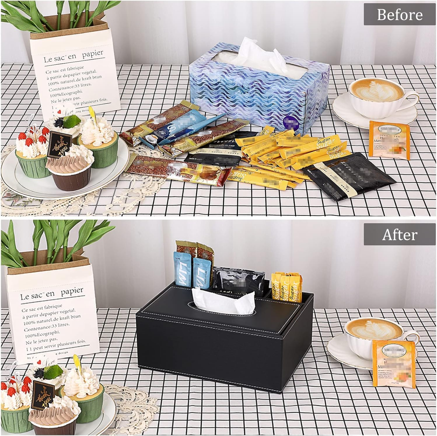 PU Leather Household Office Rectangular Tissue Box with Remote Control Storage Organizer Box (Black, One Size)