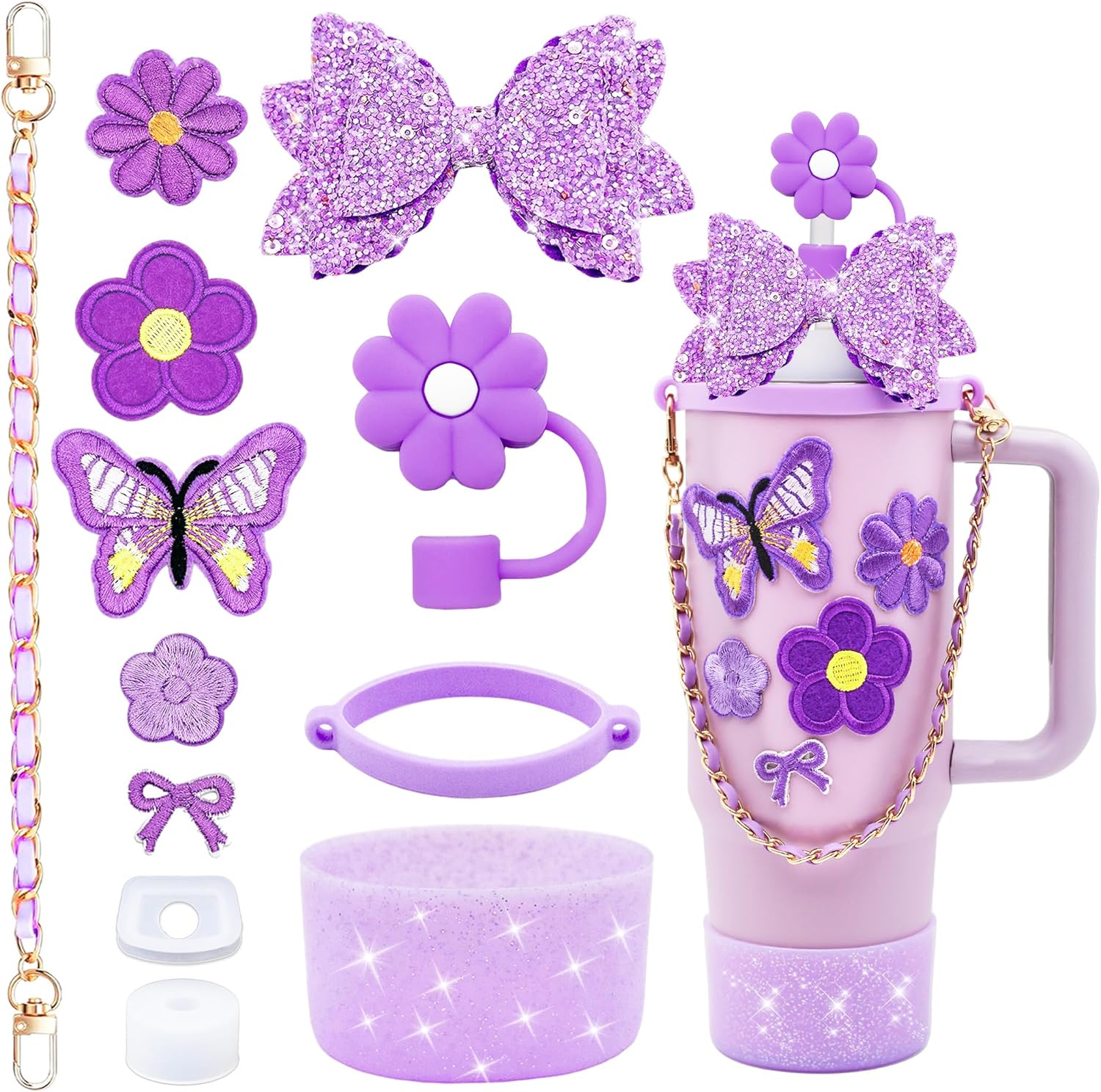 12PCS Bling Stanley Cup Accessories for 30Oz & 40Oz Tumbler with Handle,Including Leather Handle Strap,Straw Bow Decorate,Straw Topper Cover,Boot,Spill Proof Stoppers,Sticker (Blue)