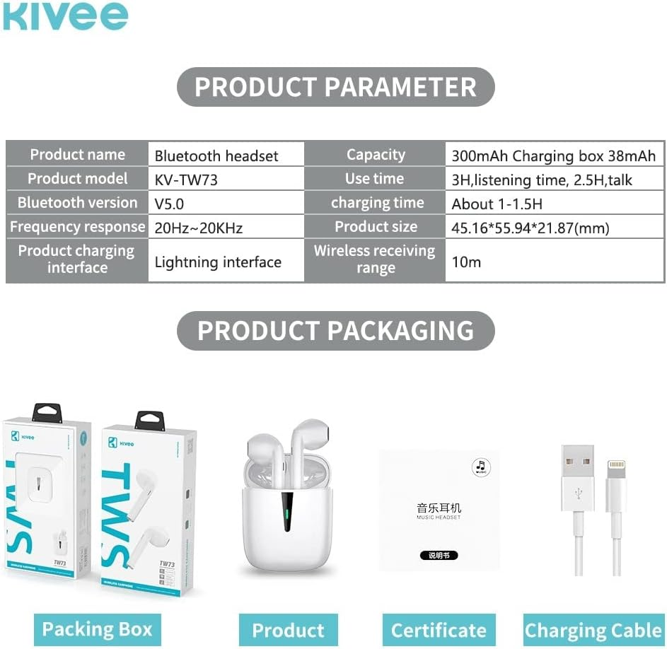 Kivee TW73 Bluetooth 5.0 Wireless Earphone White image number 3