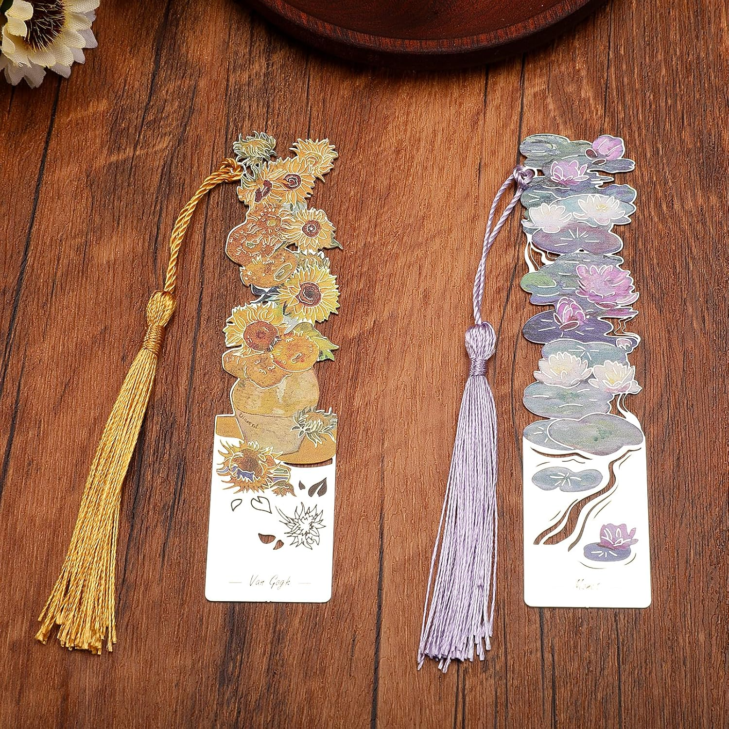 2 PCS Metal Bookmarks with Tassel for Reading Women, Pretty and Beautiful Water Lilies and Sunflowers Design (BKM-046-001)
