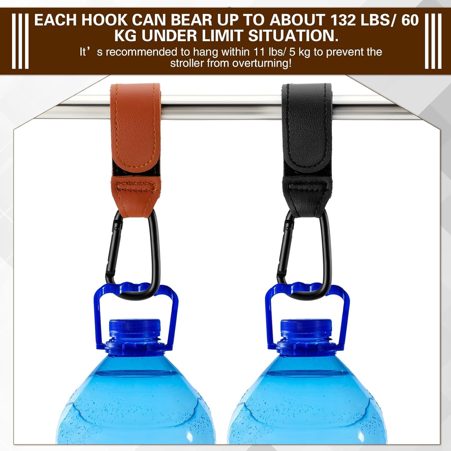 Leather Stroller Hooks Premium Buggy Clips with Carabiner Design Easy-Attach Pushchair Clips for Diaper Bags, Groceries and More Universal, Heavy-Duty, No-Slip Stroller Accessories image number 2