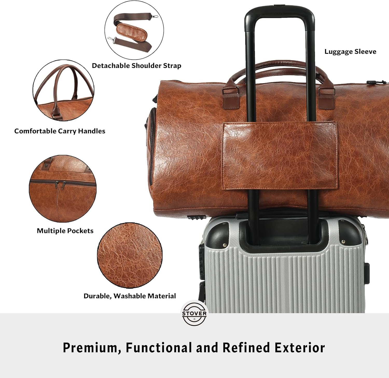 STOVER Garment Travel Duffle Bag, Large 2-In-1 Convertible Carry-On Luggage for Men & Women- Hanging Suits, Dresses & Clothes + Shoe Compartment- Weekender Tote Combo Duffel, Leather Brown, Garment image number 4