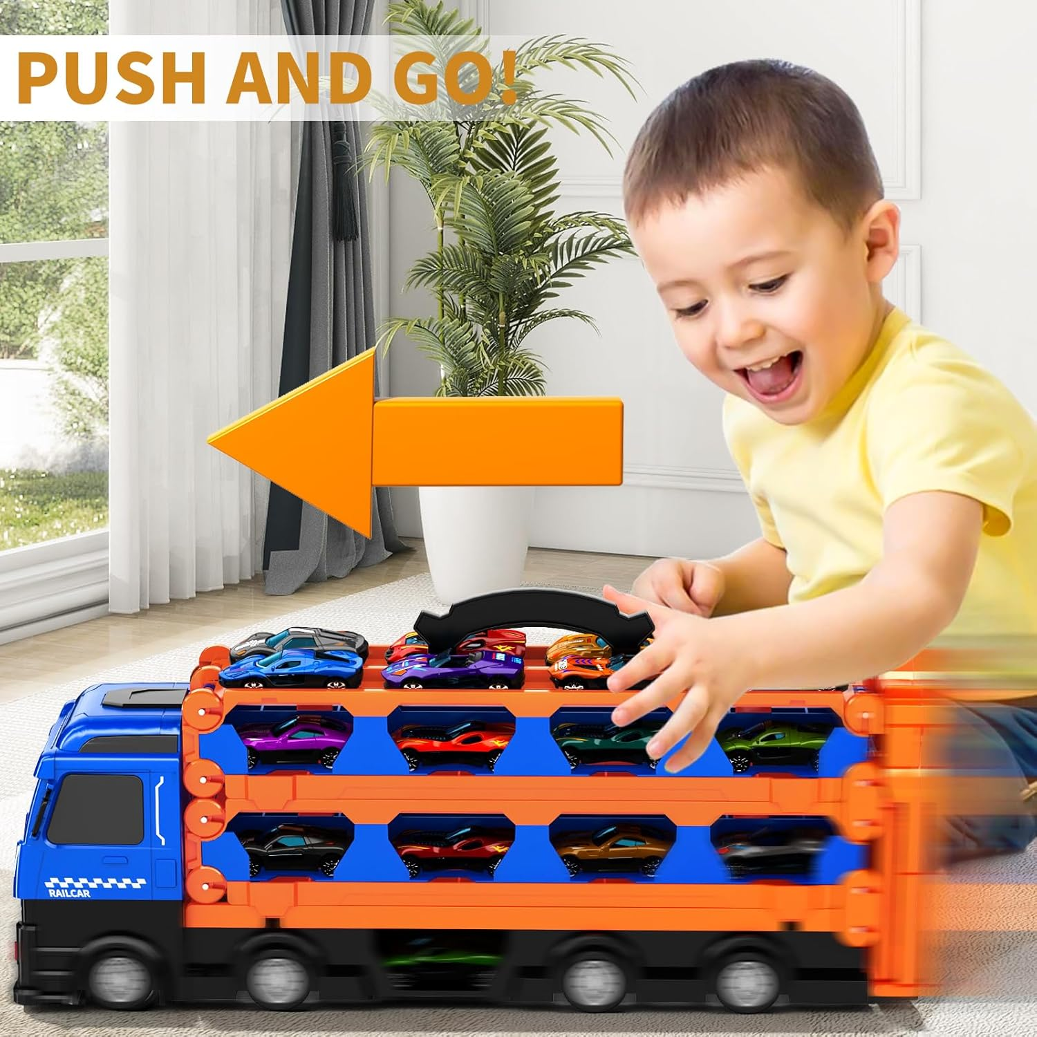 MSKOLER 78.7-Inch Race Cars Track Truck Toys for Boys 2 3 4 5 6 7 Years Old - Transport Carrier Trucks, Foldable Track Storage, Die-Cast Cars, for Toddlers & Kids Aged 3-5 - Red Truck Toy image number 5