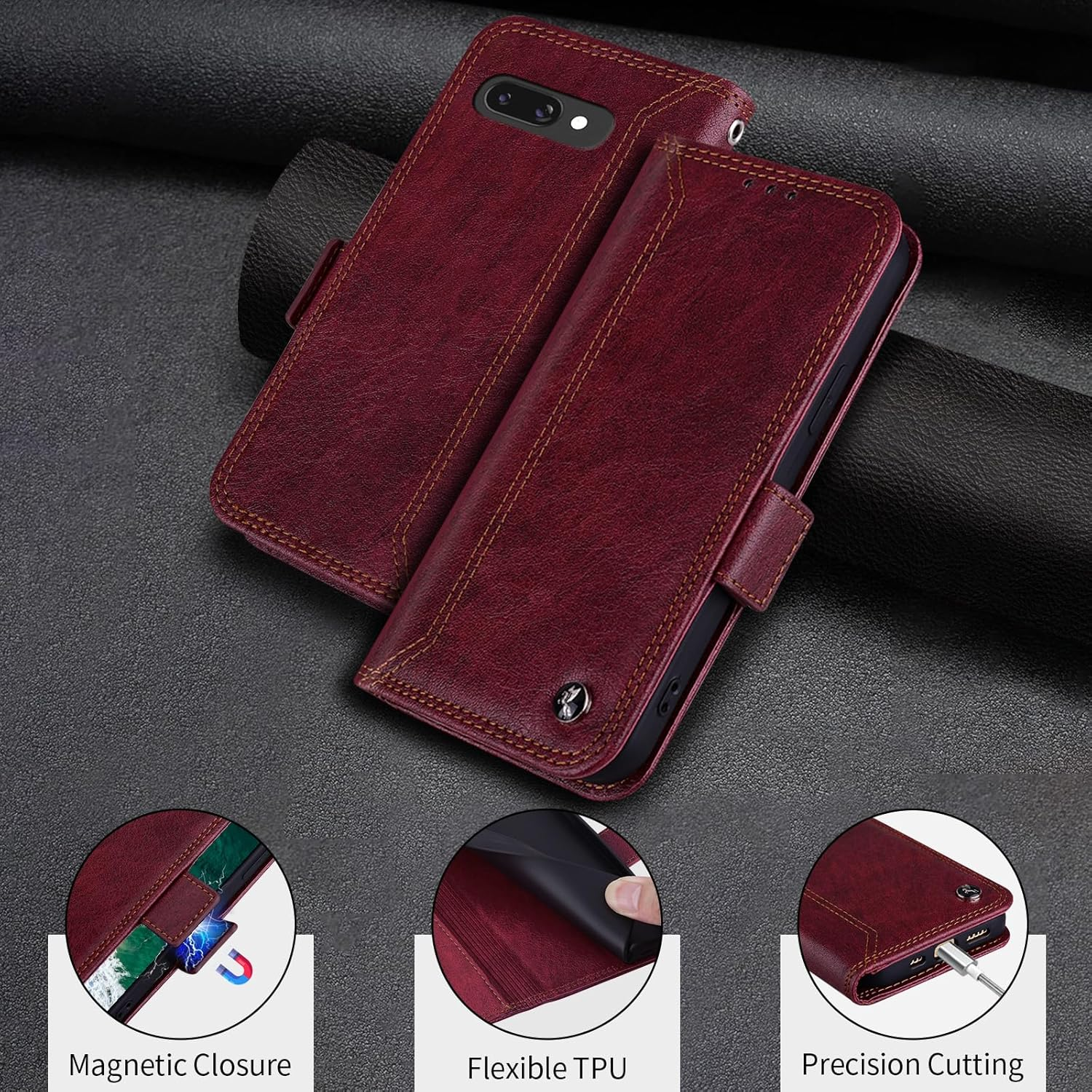 Oduio for Google Pixel 9A Wallet Case Leather Flip Folio Case with Card Holder Kickstand Shockproof Magnetic Protective Phone Cover for Men Women Pixel 9A RFID Wallet Cases 6.3 Inch Wine Red
