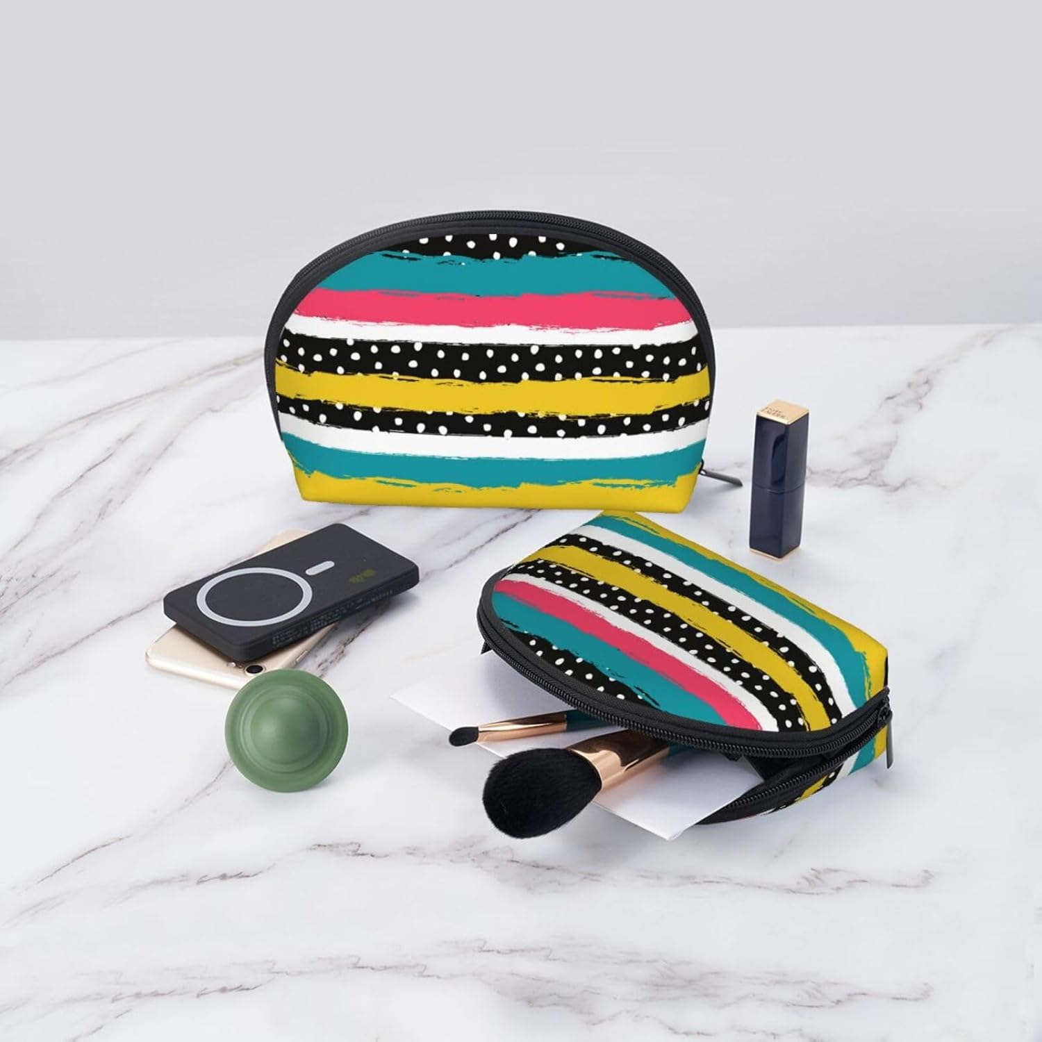 Cozimangoe Coin Pouch Makeup Bags Set, 2 Piece Shell Shape Cosmetic Bag with Pockets for Daily Travel Handbag Lipstick Keys Toiletry, Personalized Dots Striped image number 5