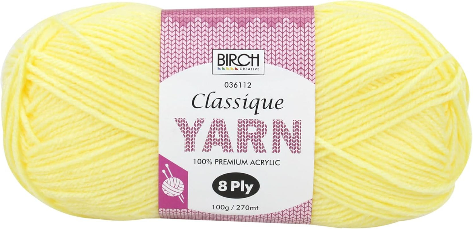 Birch Classique Knitting Yarn 100% Premium Acrylic 100 G Ball 8 Ply 10 Pack - Lemon
