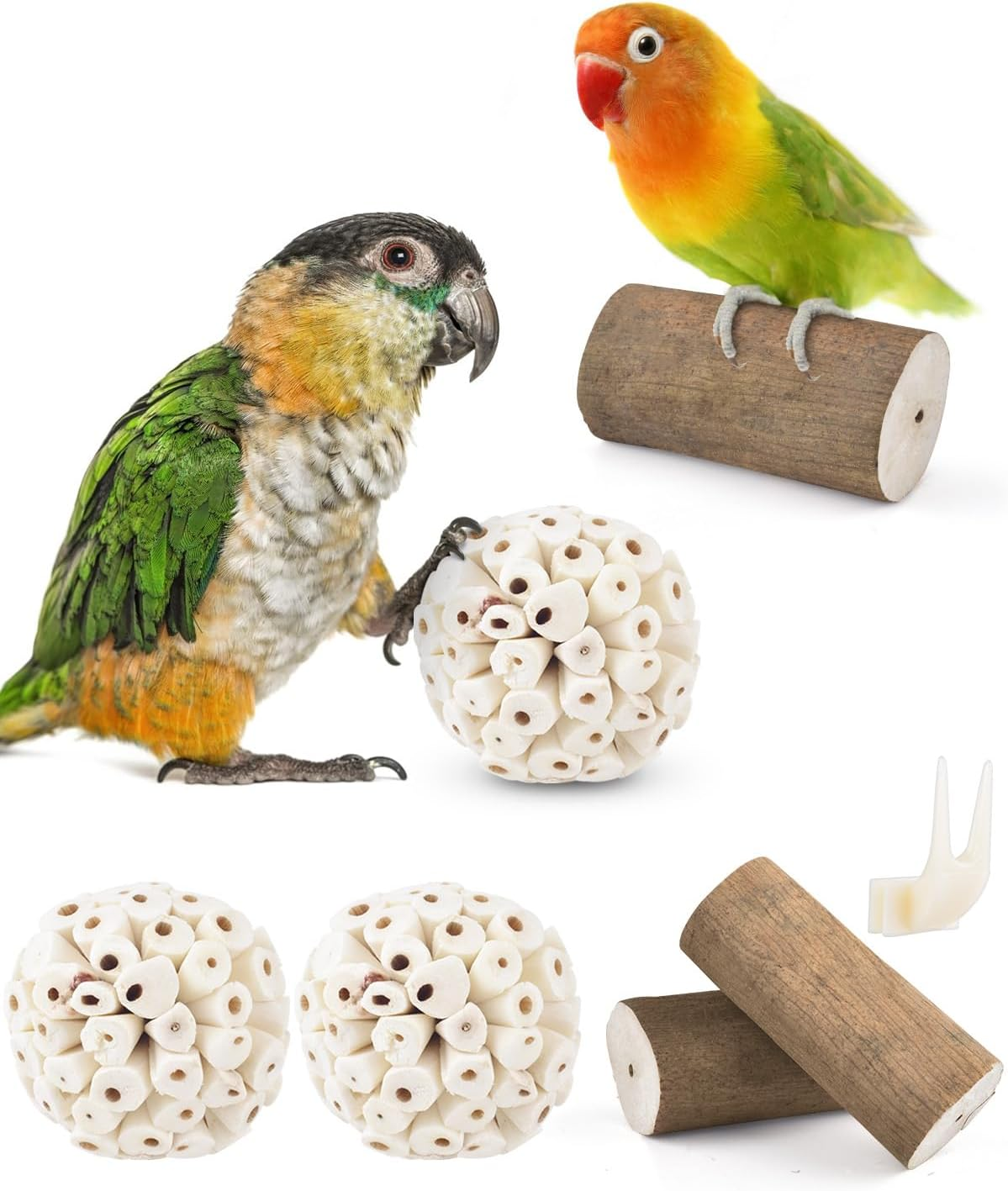 Bissap 7PCS Small Parrot Toys, Natural Sola Balls Bark Sticks Chew Forage Toy Bird Foot Balls for Cockatiels Conures Cockatoos Parakeets Love Birds Budgie Finch Cage Bite Toys