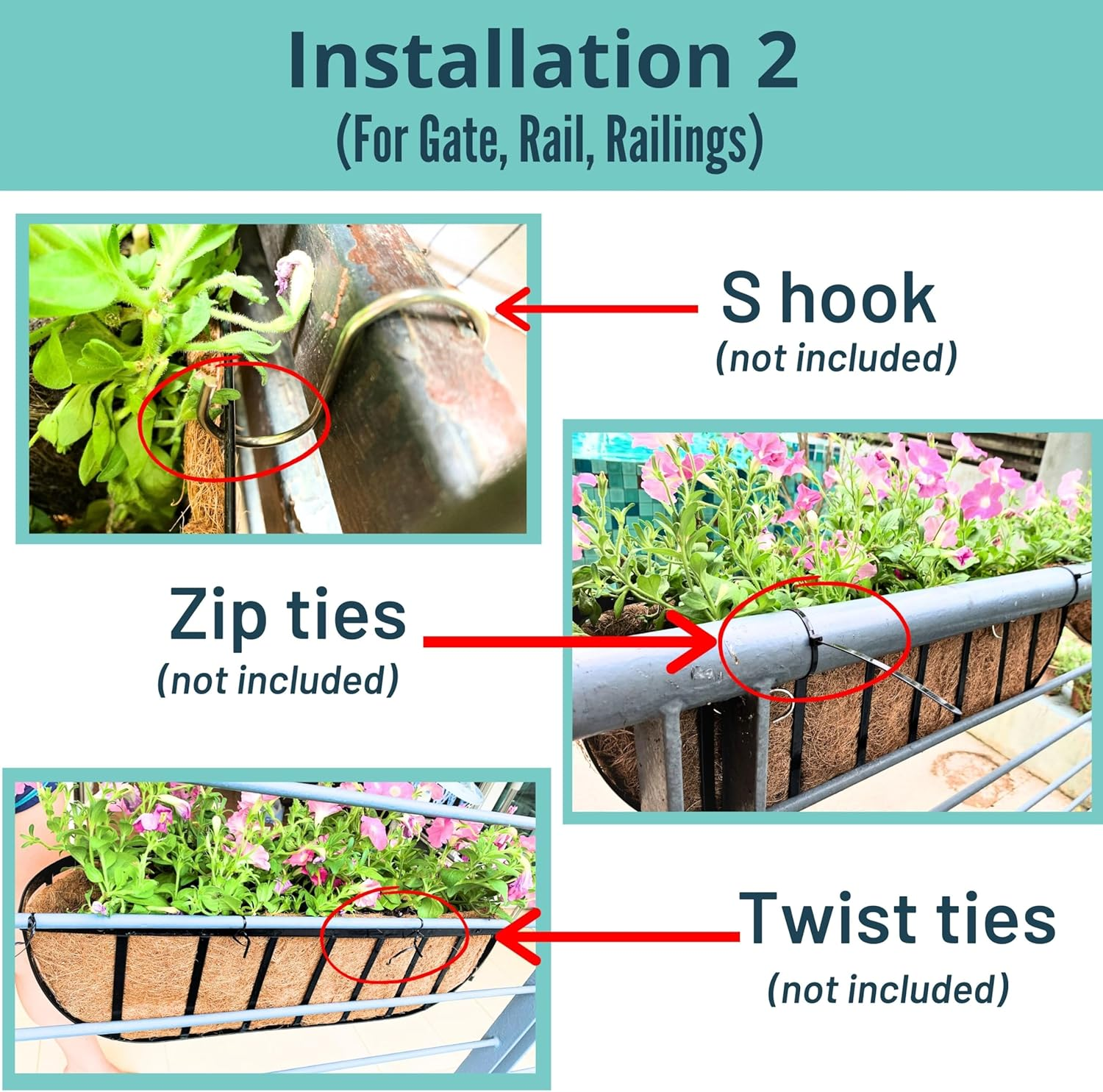 Lalagreen Deck Railing Planter Box - 2 Pack, 36 Inch Large Wall Planters for Outdoor Plants, Window Flower Boxes Attach House with Coco Liners Metal Horse Troughs Fence Balcony Patio Porch over Rail image number 6