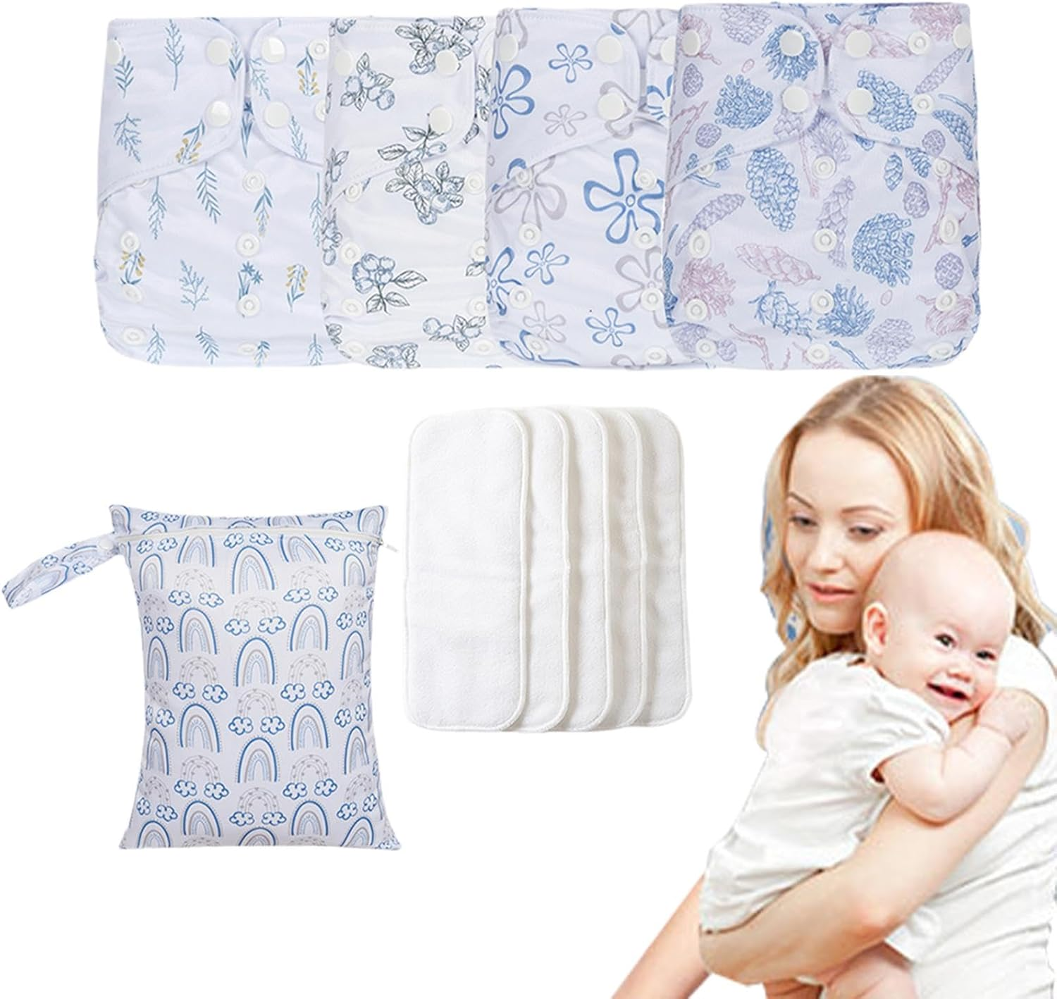Reusable Diapers Baby | Reusable Adjustable Cloth Diapers | 4X Absorbent & Breathable Liners, Waterproof Cover with 4 Inserts & 1 Wet Bag for Toddler Boys Girls