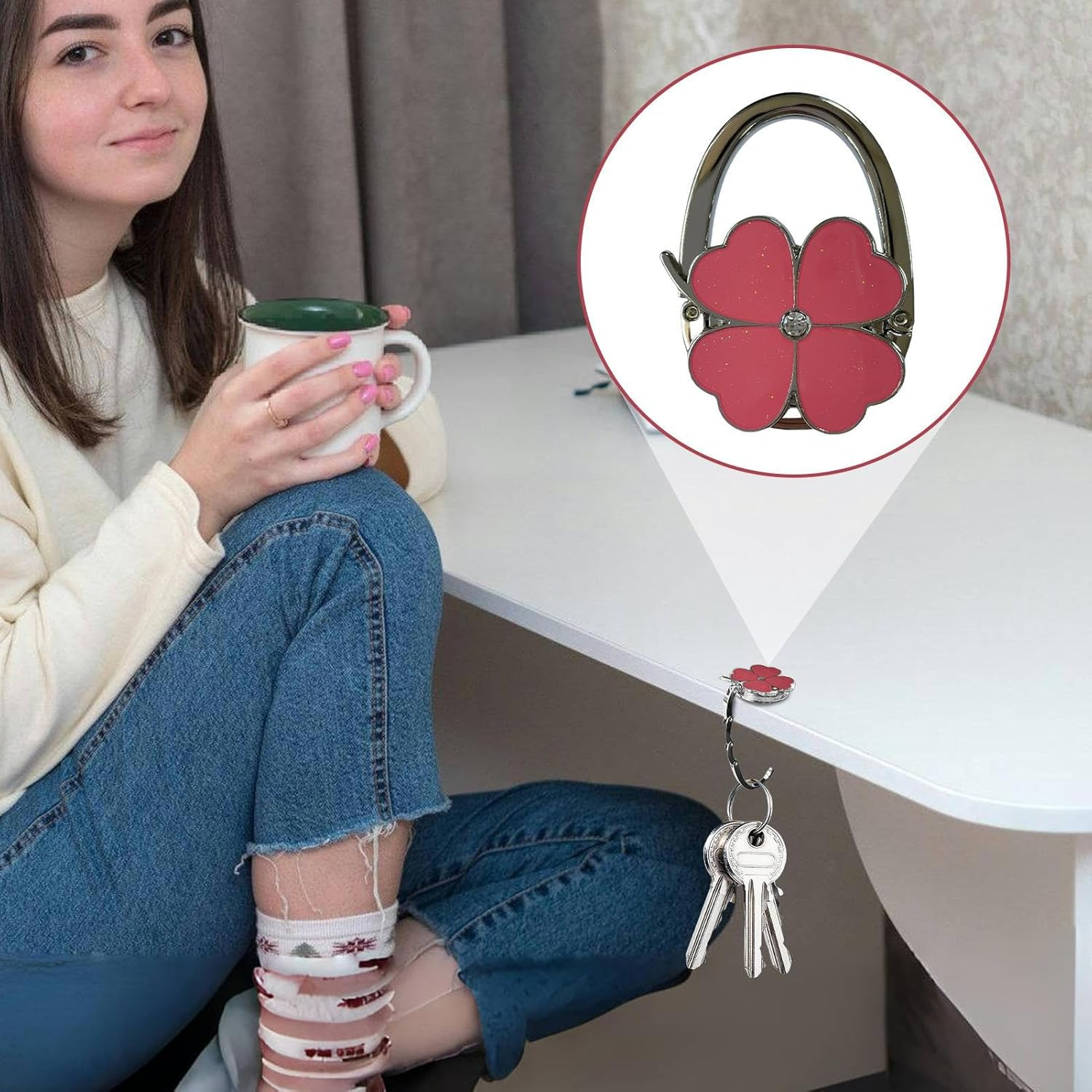 Bag Holder for Table, Purse Holder for Table | Four Purse Clips Designed in Clover - Pocket Holder, Handbag Organizers, Desk Bag Hanger For image number 3