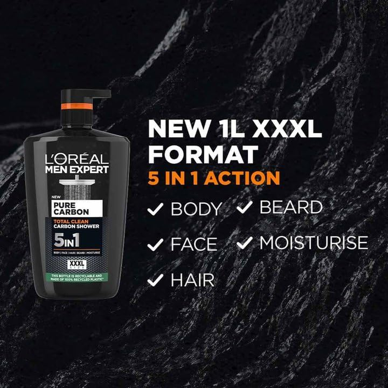 L'Or&eacute;al Paris Men Expert Pure Carbon 5-In-1 Body Wash XXXL 1L, Daily Shower Gel, for Cleansing Body, Face, Hair & Beard, Recycable Bottle Made of 100% Recycled Plastic image number 6