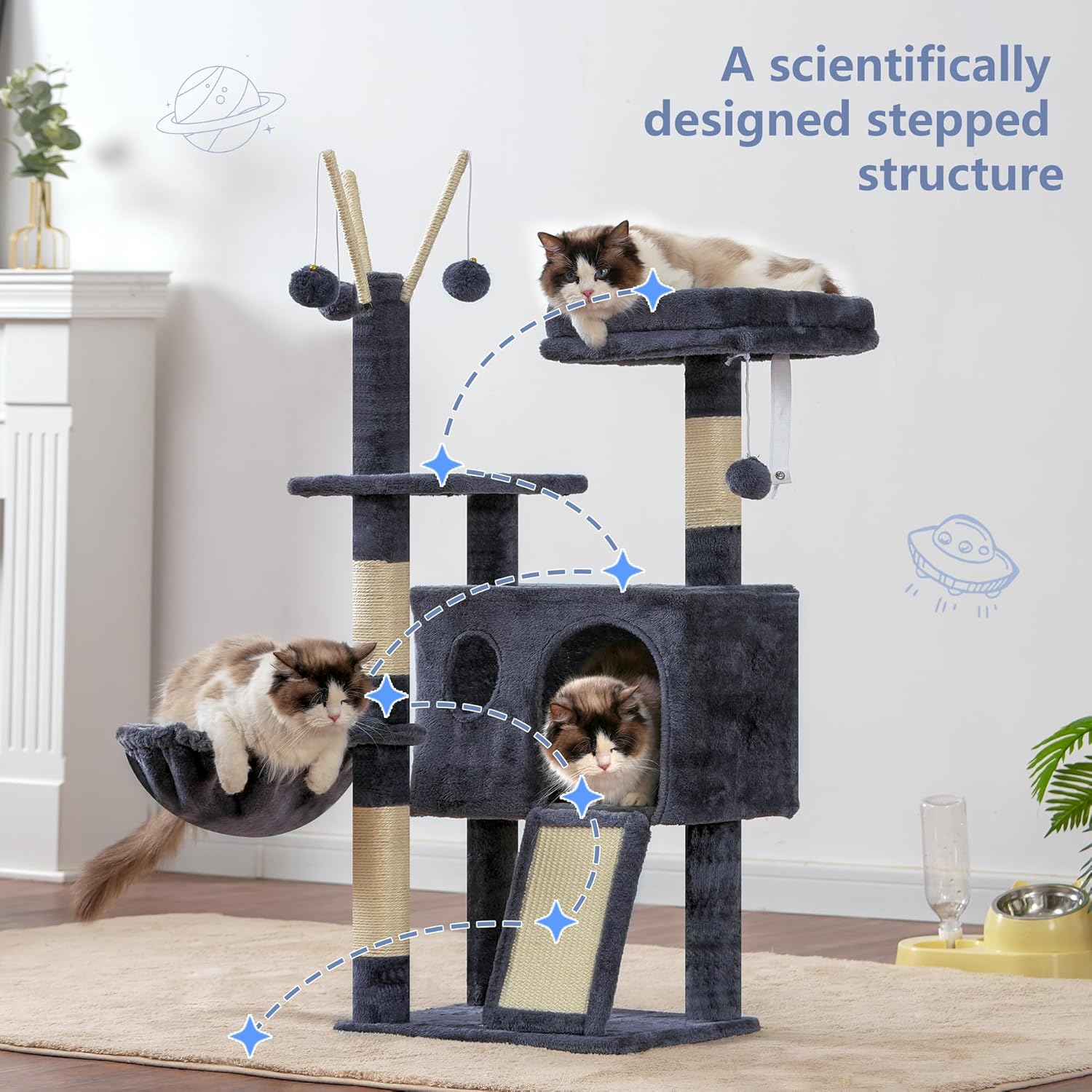 Hey-Brother Cat Tree Tower, Scratching Posts with Removable Toys, Cozy Condo, Platform, Hammock, Sisal Scratch Board and Ball for Indoor Kittens, 105 Cm, Smoky Gray MPJ008SG - Smoky Grey image number 5
