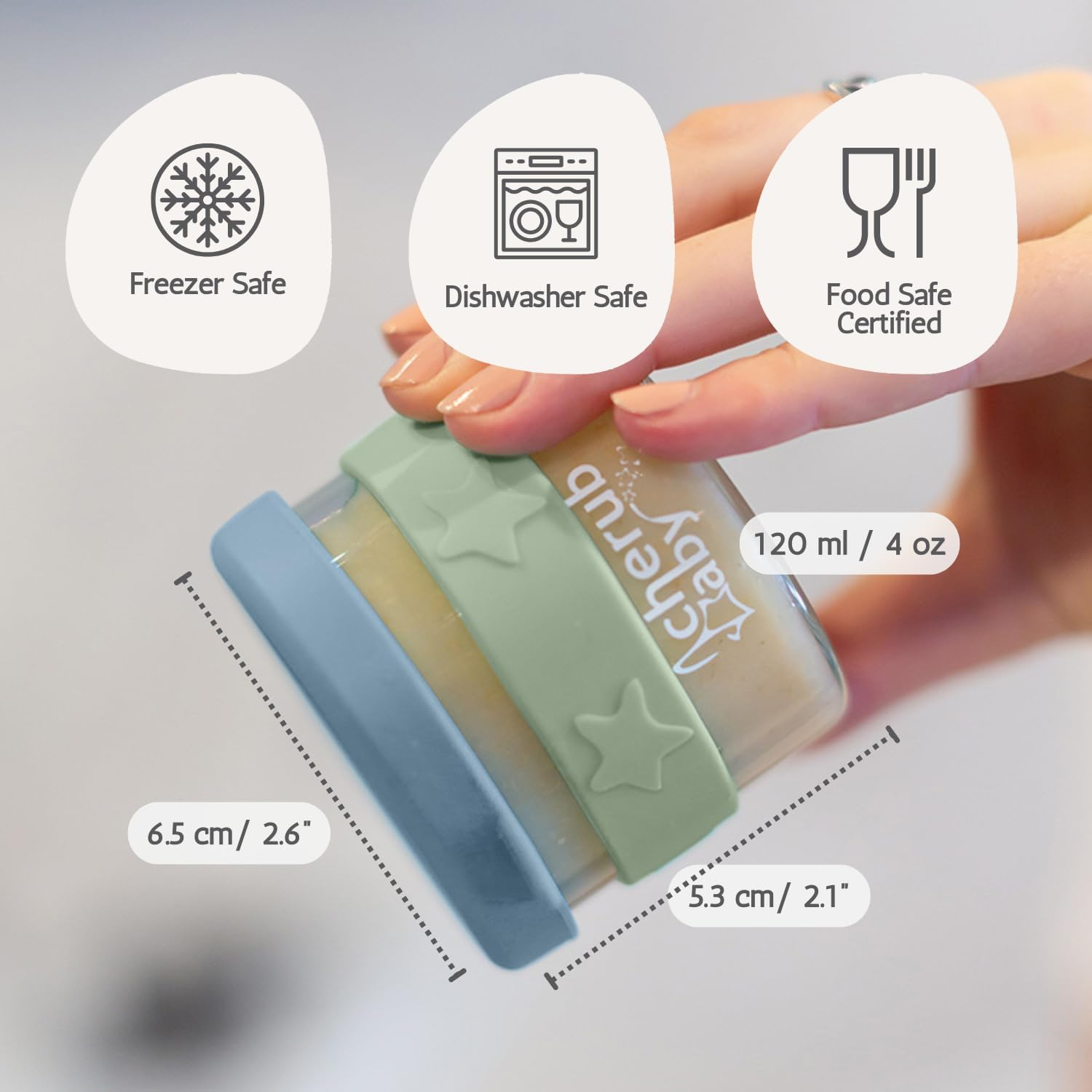 Cherub Baby Durable Non-Toxic BPA Free, Leak-Proof, Microwave, Oven, Freezer Safe Silicone & Glass Baby Food Storage Container Jar with Airtight Lid Pack of 3 120Ml - Cerulean/Sage image number 1