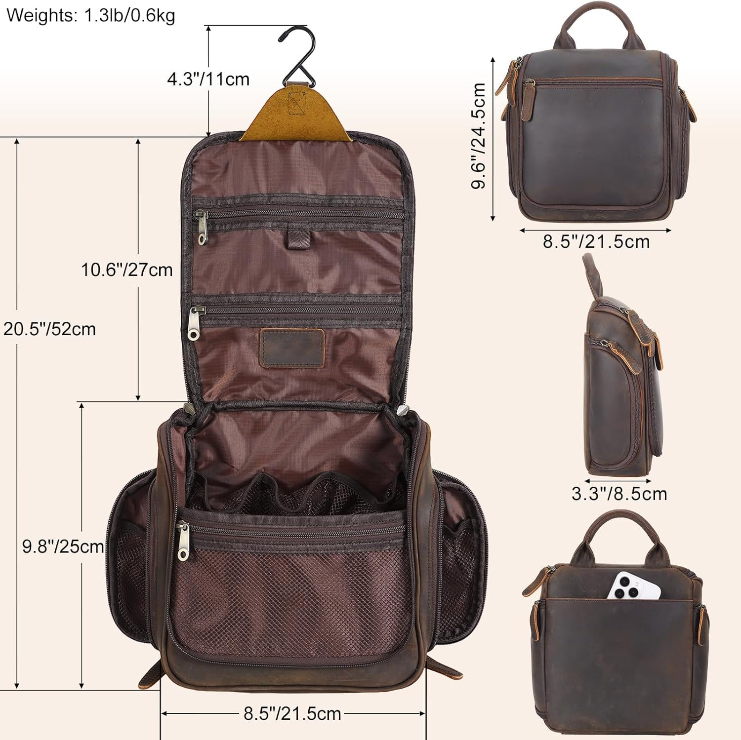 TIDING Leather Hanging Travel Toiletry Bag for Men Women Large Expandable Portable Toiletries Organizer for Travel Business Gym Use Leather Toiletries Bathroom Cosmetic Storage image number 5