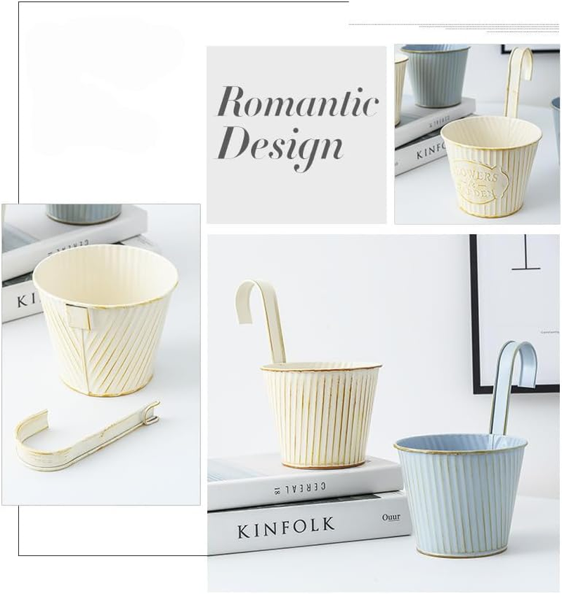 5 Pack Hanging Planters with Hooks, 9Cm Metal Bucket Hanging Flower Pots for Balcony Railing Fence Deck Rail Porch Window Box, Outdoor Garden Planters Basket(Blue) - Blue image number 5