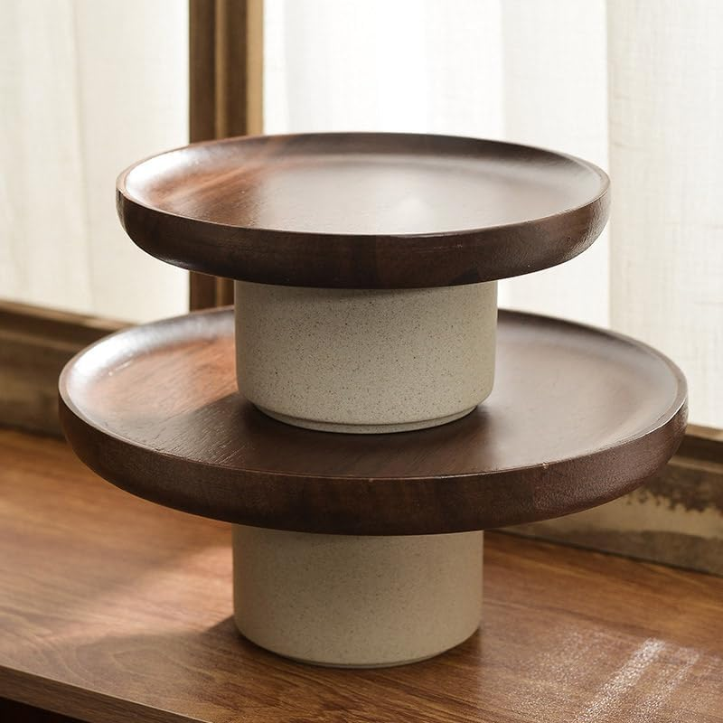 AIMALL Vintage Japanese Style Acacia Wood Cake Tray - Elegant High-Foot Dessert Plate for Home and Dessert Table Display image number 4