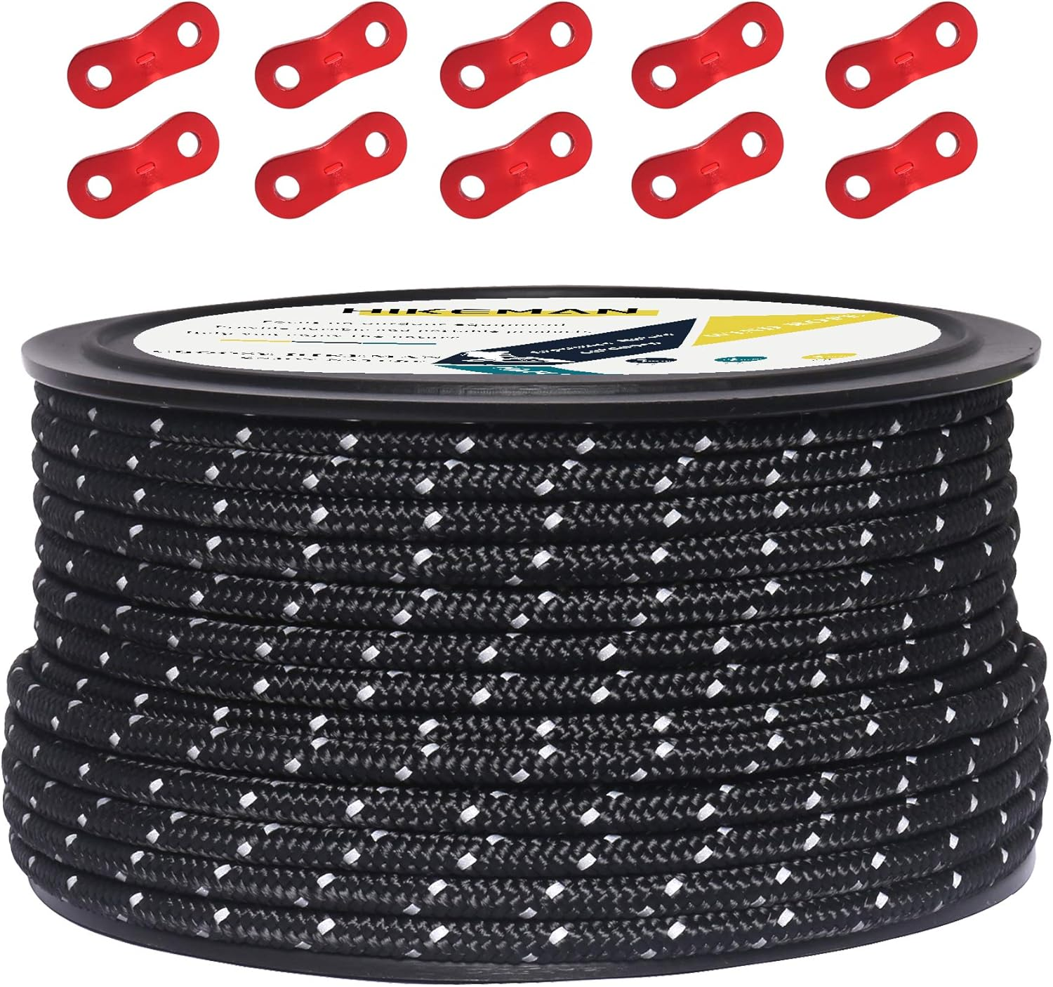 HIKEMAN 50M Reflective Guyline Solid Braid Nylon Camping Rope with Aluminum Adjuster Cord Tensioner Tent Accessory for Outdoor Travel,Hiking,Backpacking and Water Activities (Yellow, 3Mm)