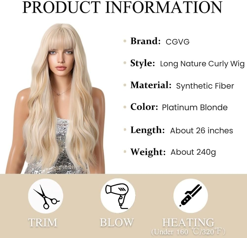 CGVG Women'S Blonde Wig Long Wavy Blonde Wig Women with Fringe Daily Use Party Carnival image number 4