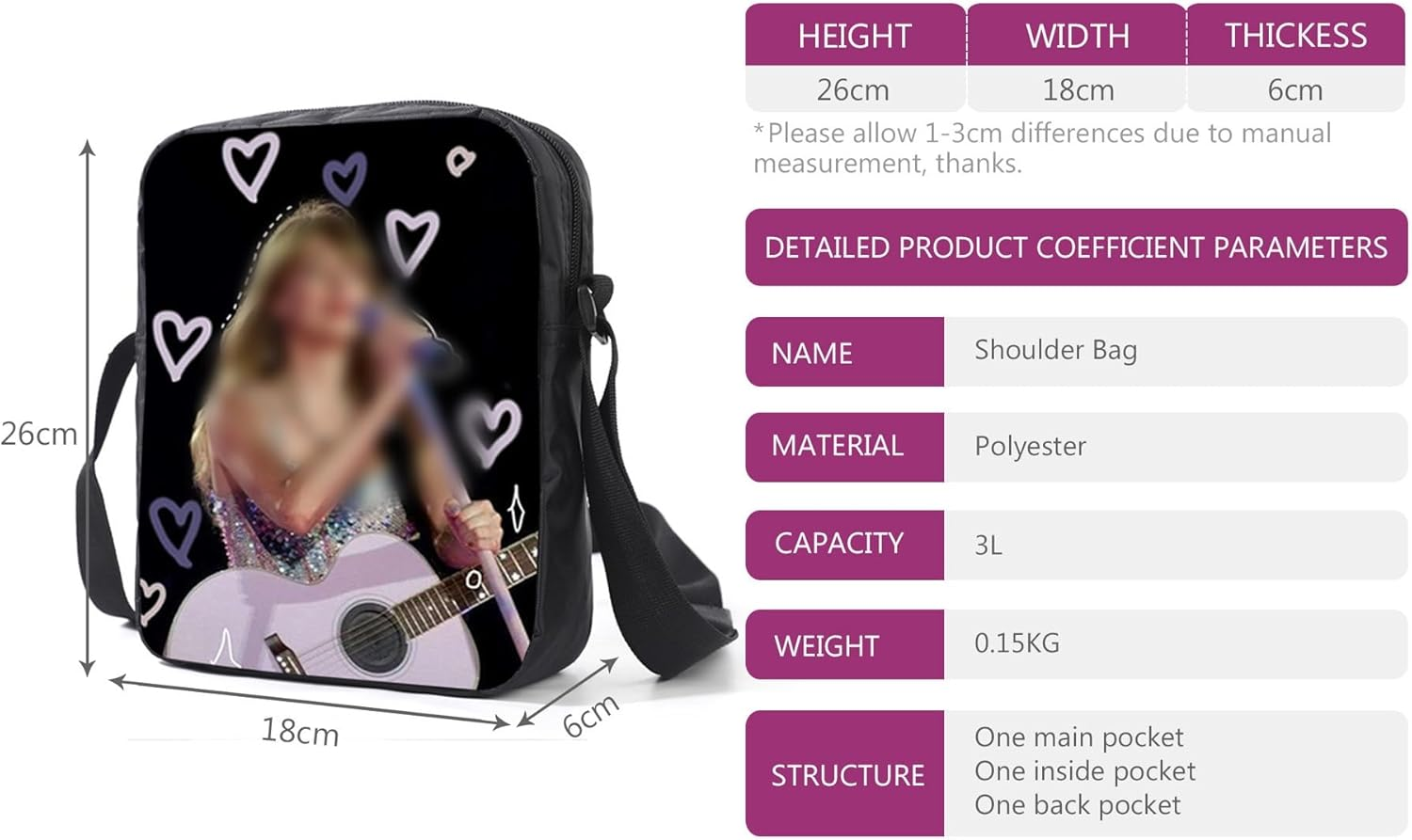3Pcs Singer Music Lover Backpack Set with Keychain,16In 3D Printed Lunch Bag High Capacity Schoolbag Boy and Girl Schoolbag., Black, 16In image number 3