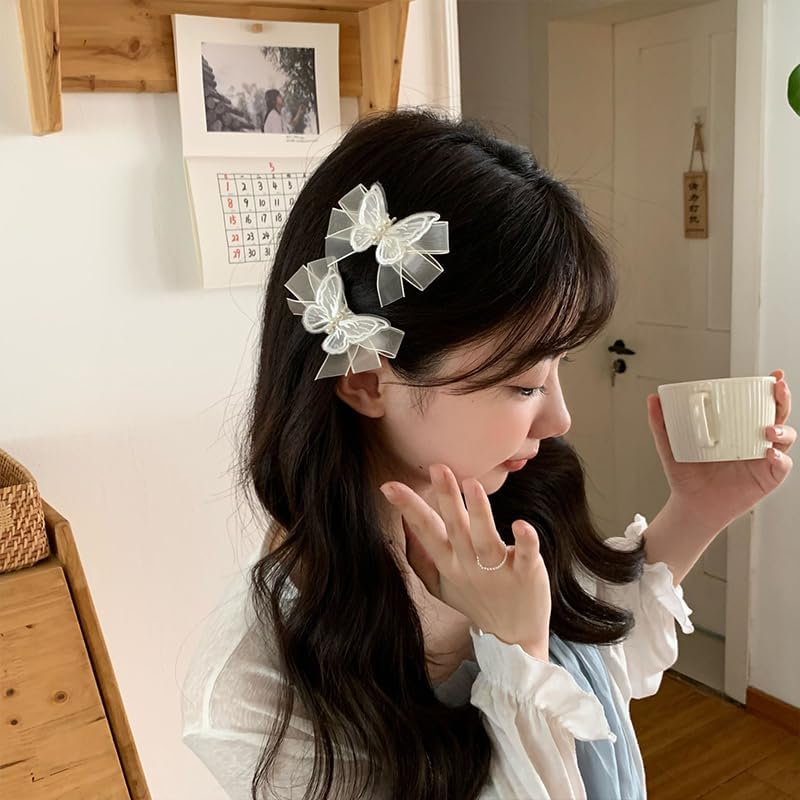 Small Butterfly Hair Clips for Women Girls - Mini Lace Bow Set White Tulle Hair Accessories - Flower Girl Hair Clips for Wedding - Decorative Pearl Bow Barrette 4 Pack image number 3