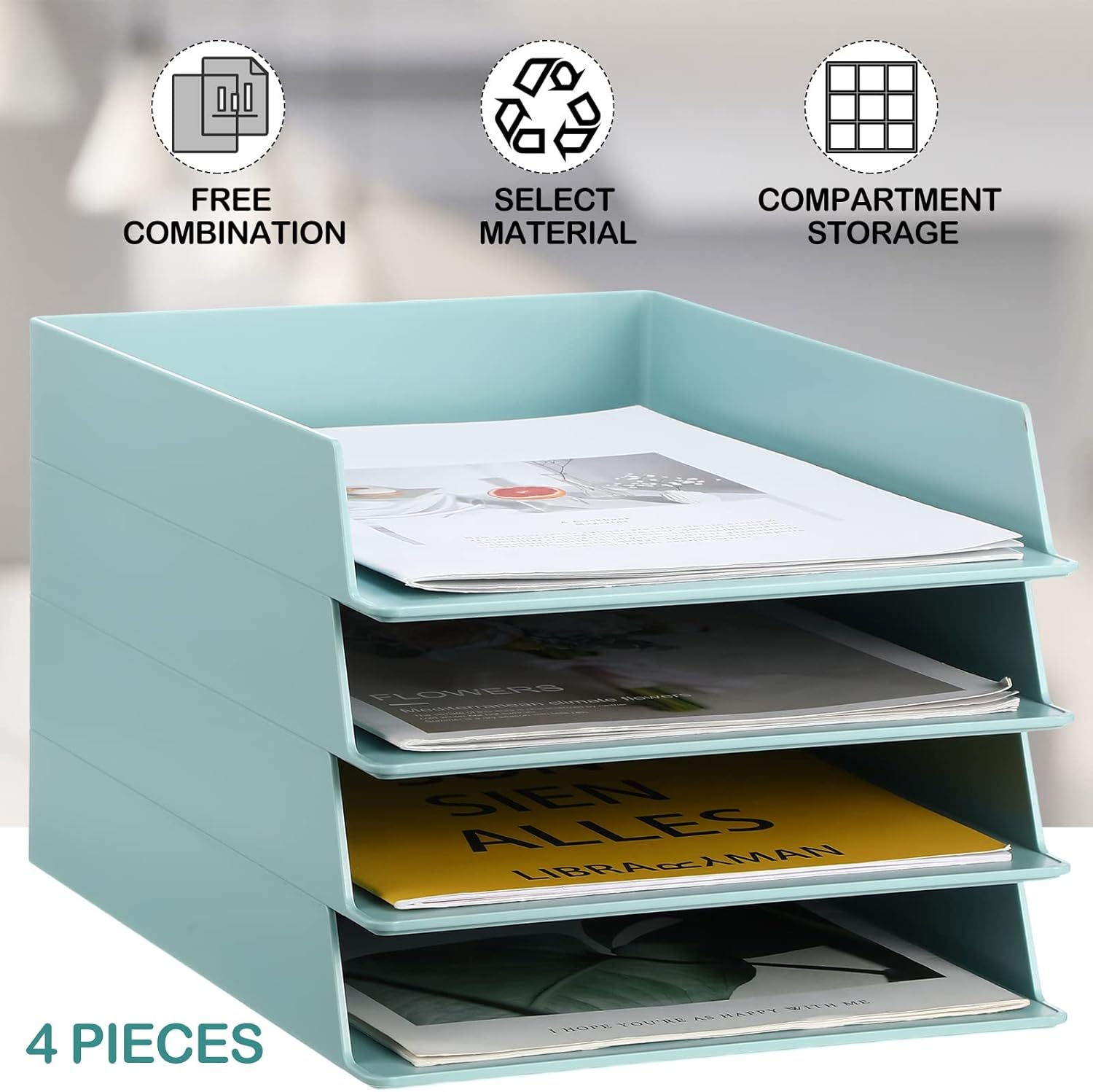 Tatuo 4 Pack Stackable Paper Trays Plastic Letter Tray Desk Organizer Paper Holder Organizer Storage Office Desk Accessories for Classroom Magazine File Documents 12.8 X 9.45 X 1.97, Blue Green image number 1