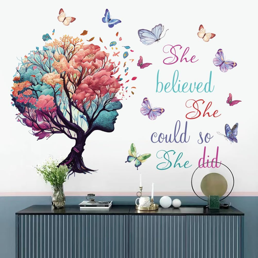 Inspirational Quotes Wall Art - 'She Believed She Could so She Did' Tree & Butterfly Decal Stickers for Women & Girls Bedroom & Living Room Decor image number 4