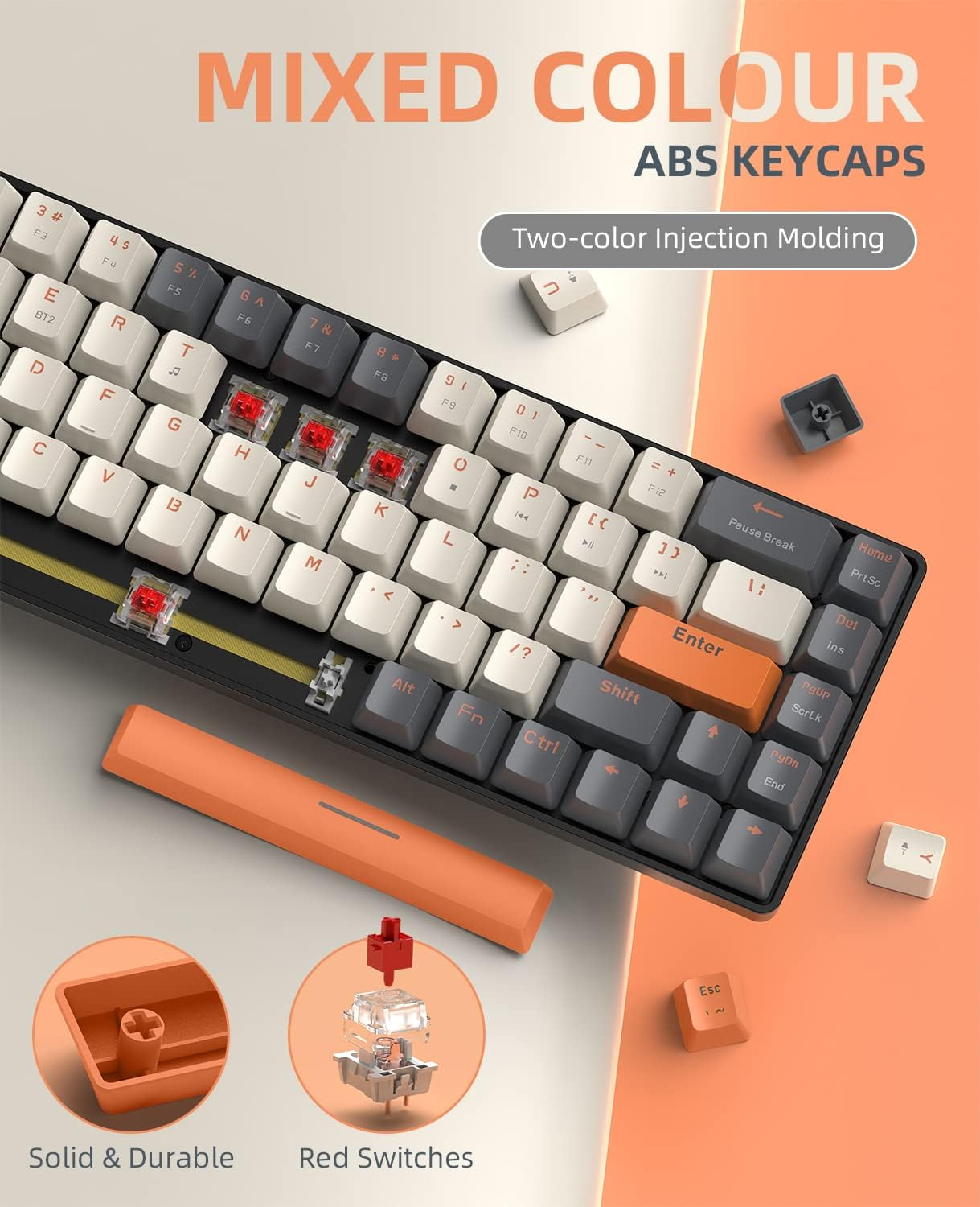 ZIYOU LANG RK68 60% Wireless Mechanical Keyboard, Bluetooth 5.0/2.4Ghz Dual Mode 2-In-1 USB-C Receiver Mini Mechanical Keyboard, Hot Swappable Red Switch Gaming Keyboard for Pc/Mac/Laptops image number 5