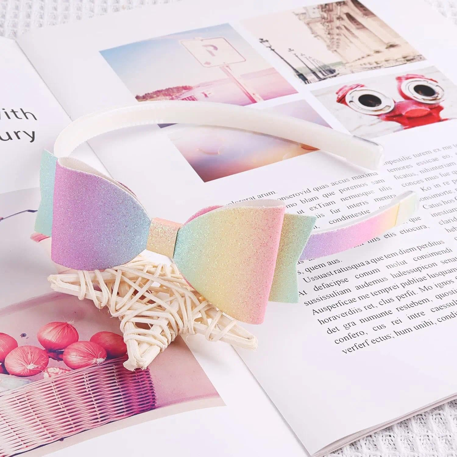 Glitter Headbands for Girls, 6 Pack Elastic Hair Bands with Heart Bow for Kids Hair Accessories - Tisuff image number 3