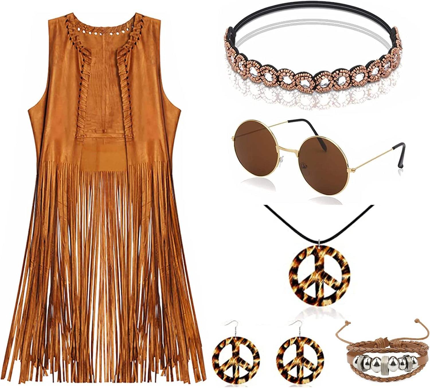 6Pcs Hippie Costume Clothes Accessories for Women, 60S 70S Fancy Dress Hippy Set Disco Outfits for Halloween Carnival