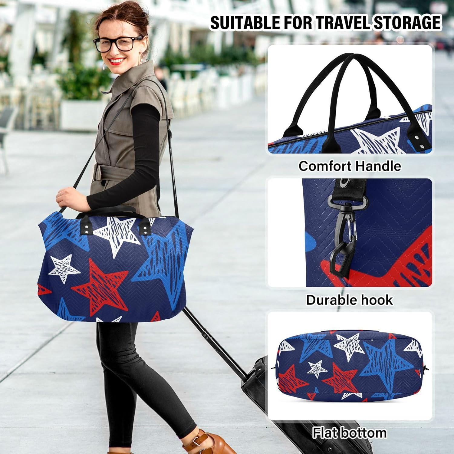 Large Travel Duffel Luggage Weekender/Overnight Duffel American Flag Star Scatter Pretty Blue Tote Bag with Adjustable, Star, Set of 2, Art Deco
