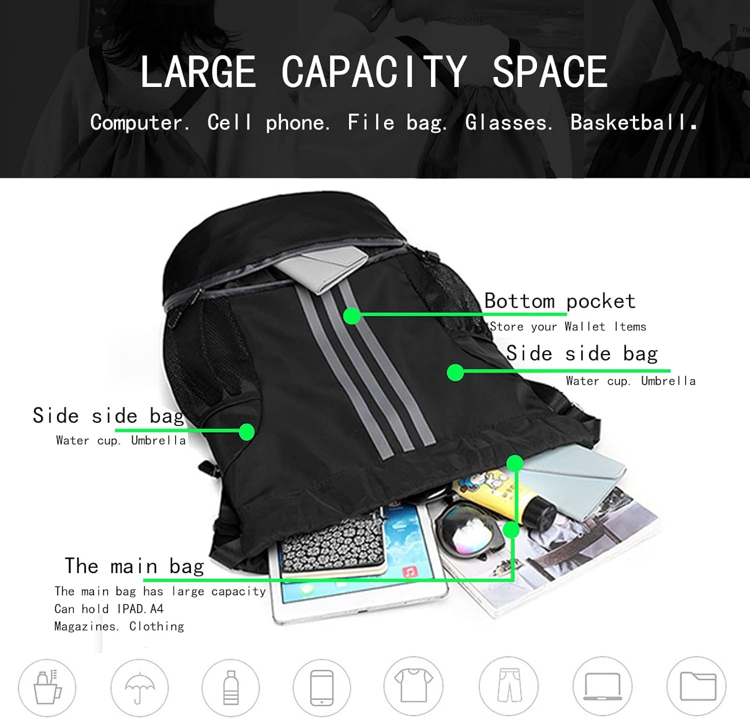 Drawstring Backpack Drawstring Fitness Bag Durable Nylon Basketball Football Storage Bag with Shoe Storage with Water Cup Storage Waist Bag image number 3