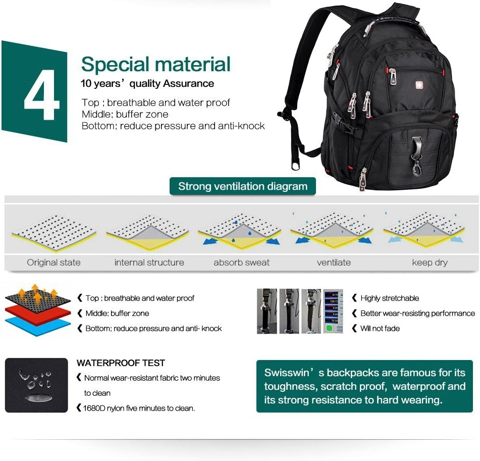 SWISSWIN Swiss Waterproof Business Backpack Travel Backpack College School Backpack Casual Daypack Daily Shoulder Bag SW8112 Black 16 Inch Laptop Notebook Backpack for Men Womens Boys Girls &hellip; image number 5