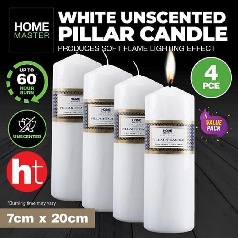 [4PCE] Home Master Pillar Candles - 20Cm - Long-Lasting 60Hr Burn Time - Unscented & Smoke-Free - Ideal for Everyday Decor, Weddings, and Emergencies (White) image number 3
